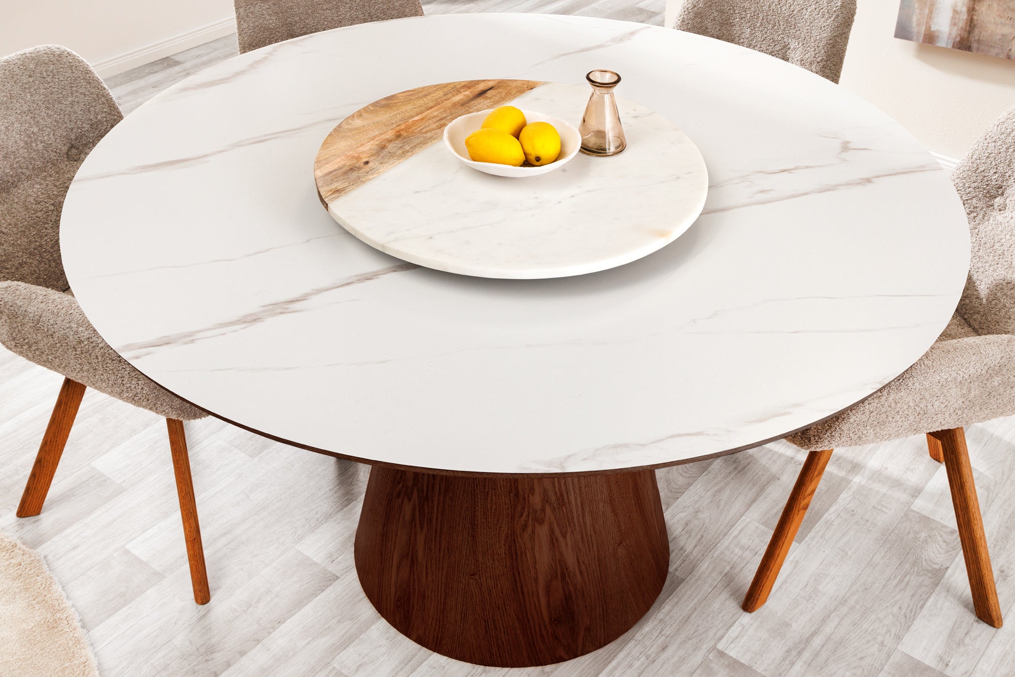 Mesa de comedor redonda UNIQUE 120cm blanco marrón nogal madera cerámica mármol pilar base
