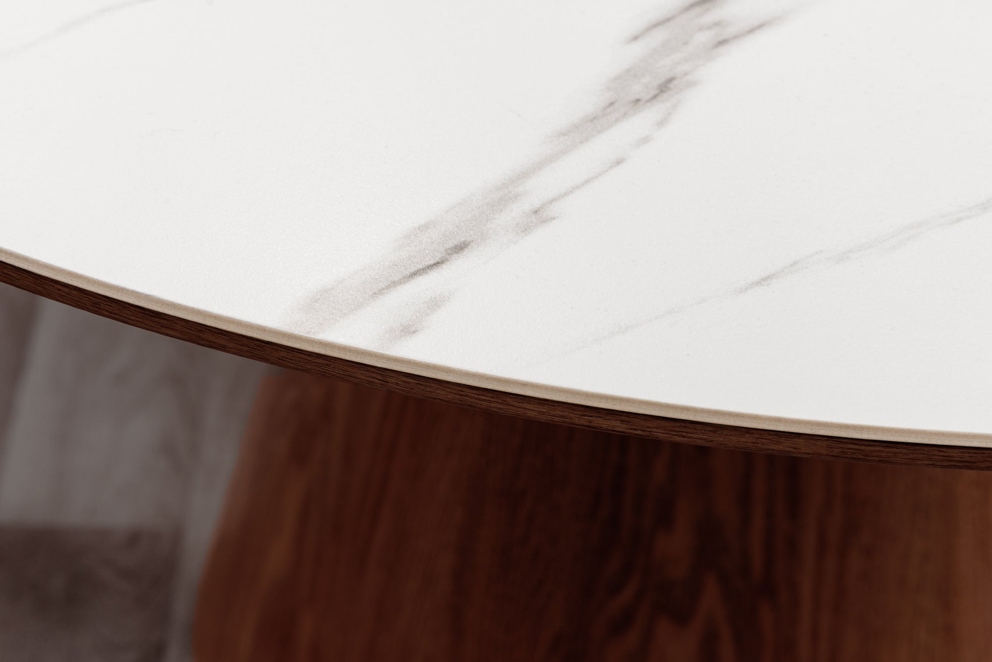 Mesa de comedor redonda UNIQUE 120cm blanco marrón nogal madera cerámica mármol pilar base