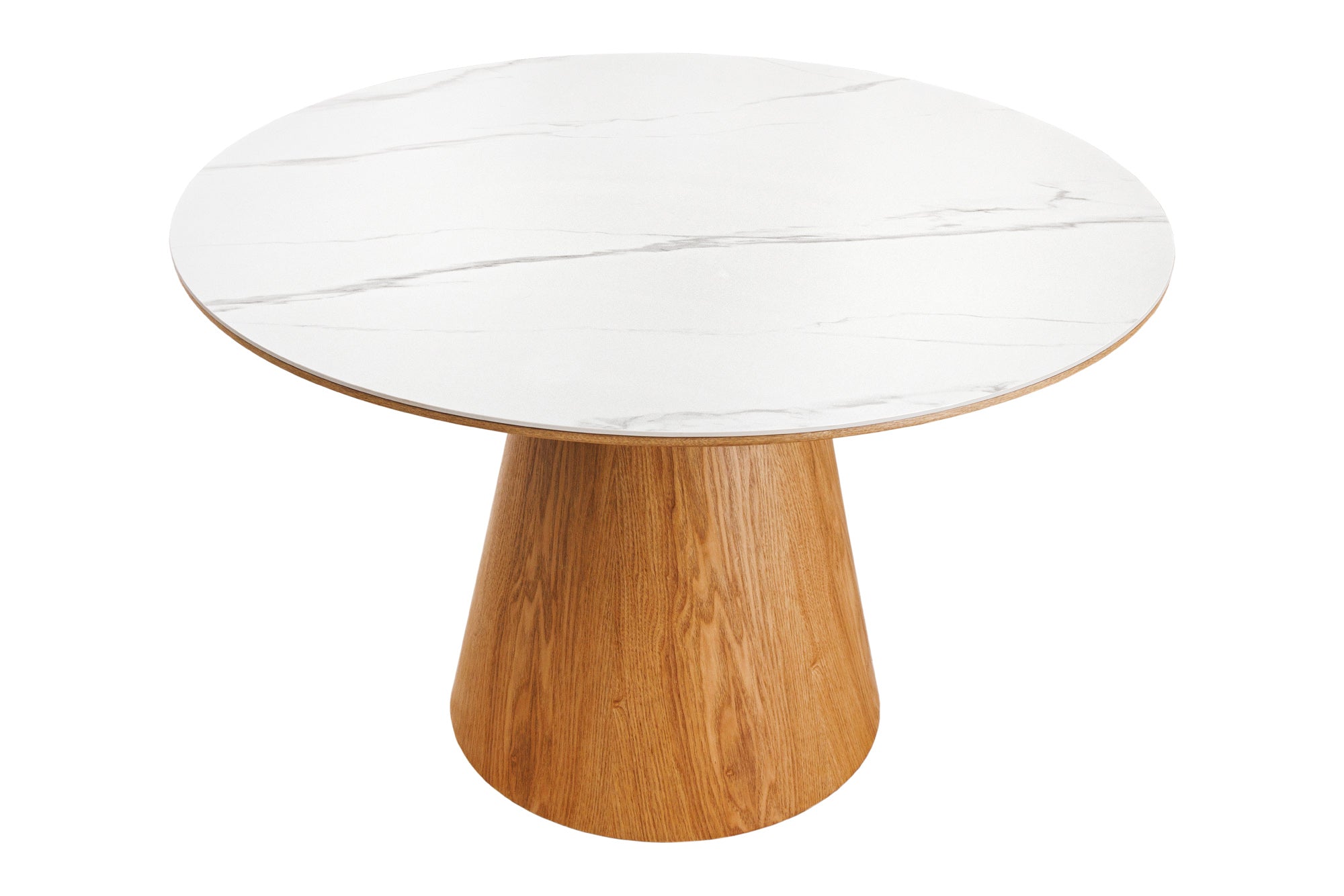 Mesa de comedor redonda UNIQUE de 120 cm en roble blanco natural con base de columna de mármol cerámico