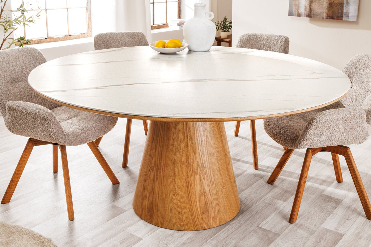 Table à manger ronde UNIQUE 120cm bois de chêne naturel blanc céramique base pilier en marbre
