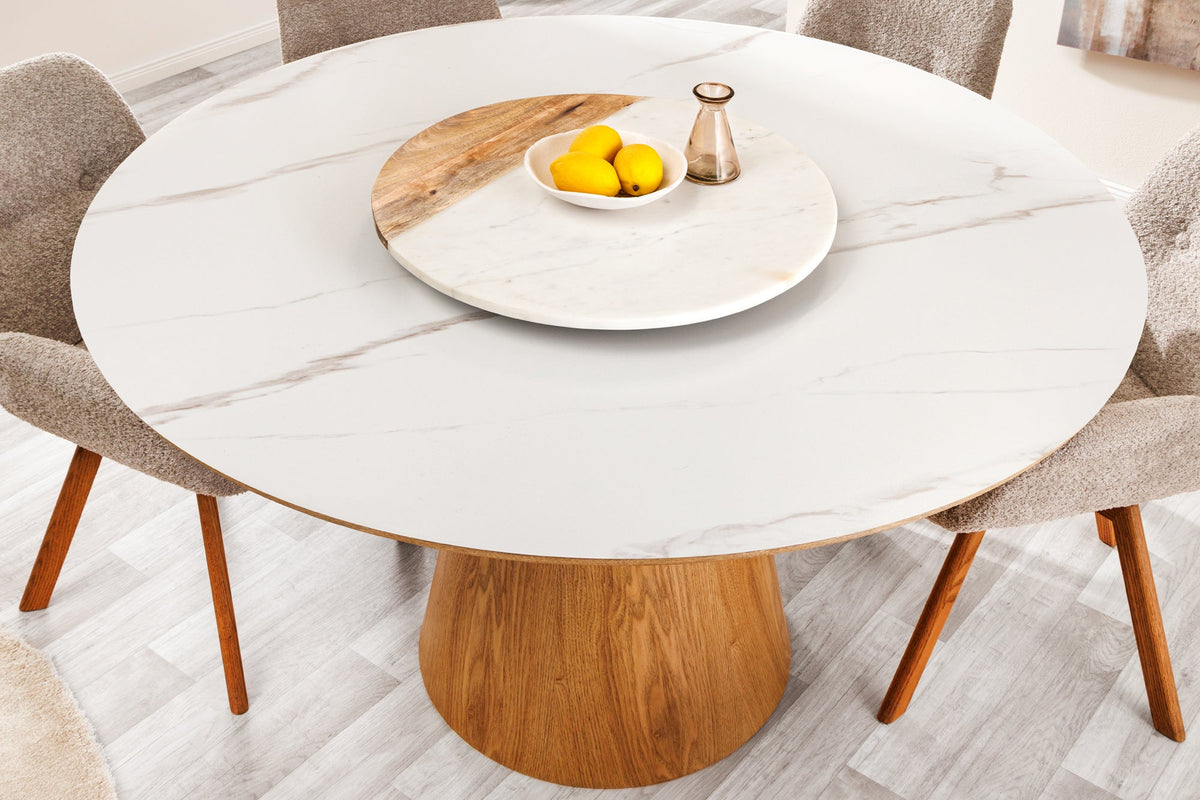 Table à manger ronde UNIQUE 120cm bois de chêne naturel blanc céramique base pilier en marbre