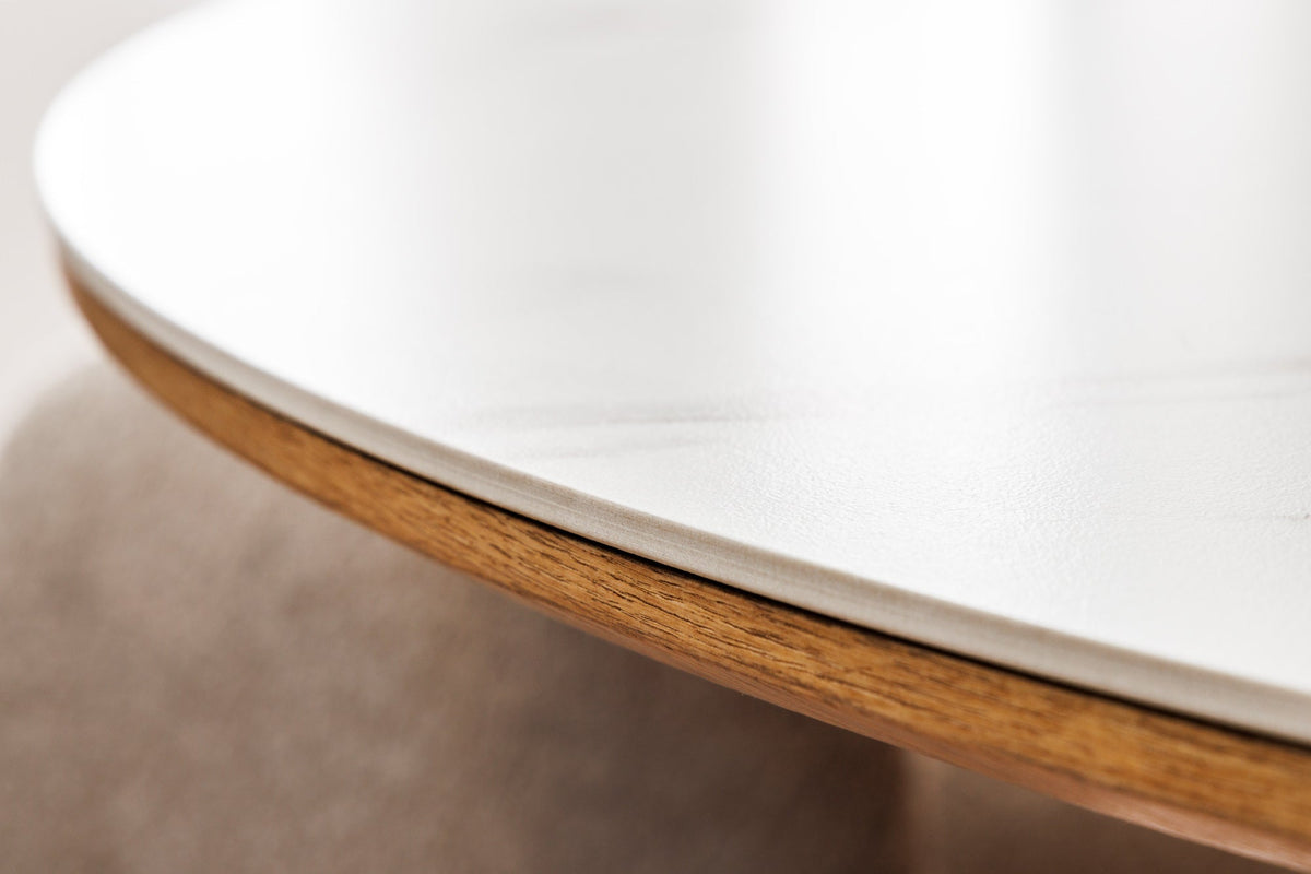 Table à manger ronde UNIQUE 120cm bois de chêne naturel blanc céramique base pilier en marbre