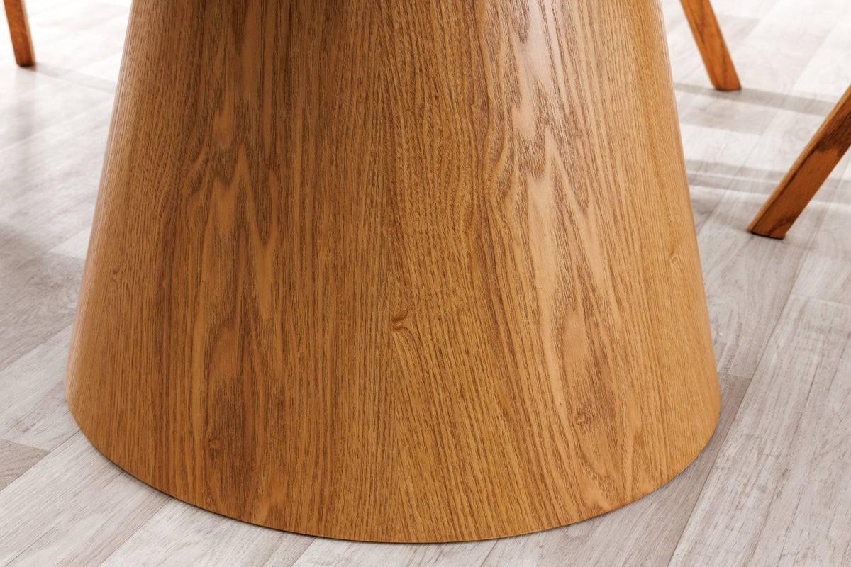 Table à manger ronde UNIQUE 120cm bois de chêne naturel blanc céramique base pilier en marbre