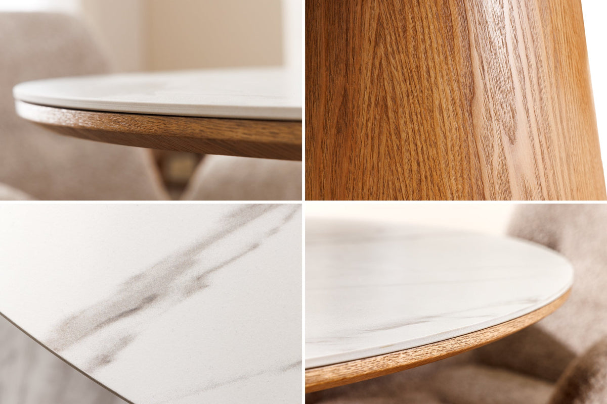Table à manger ronde UNIQUE 120cm bois de chêne naturel blanc céramique base pilier en marbre