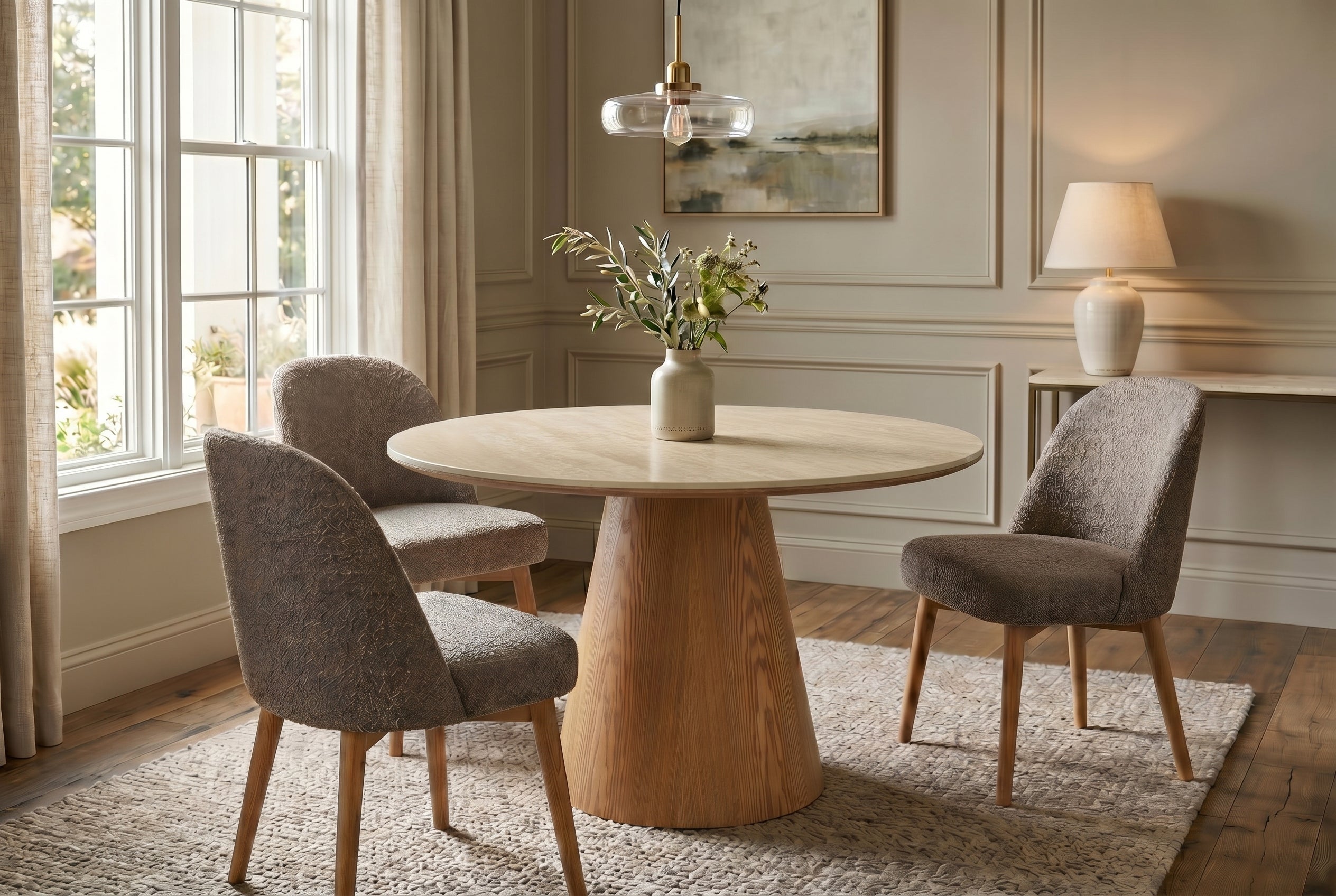 Table à manger ronde UNIQUE 120cm chêne marron clair naturel piètement colonne en céramique travertin