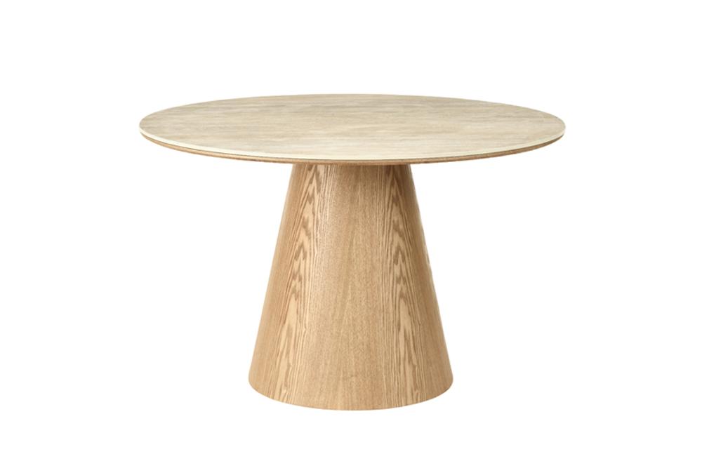 Table à manger ronde UNIQUE 120cm chêne marron clair naturel piètement colonne en céramique travertin