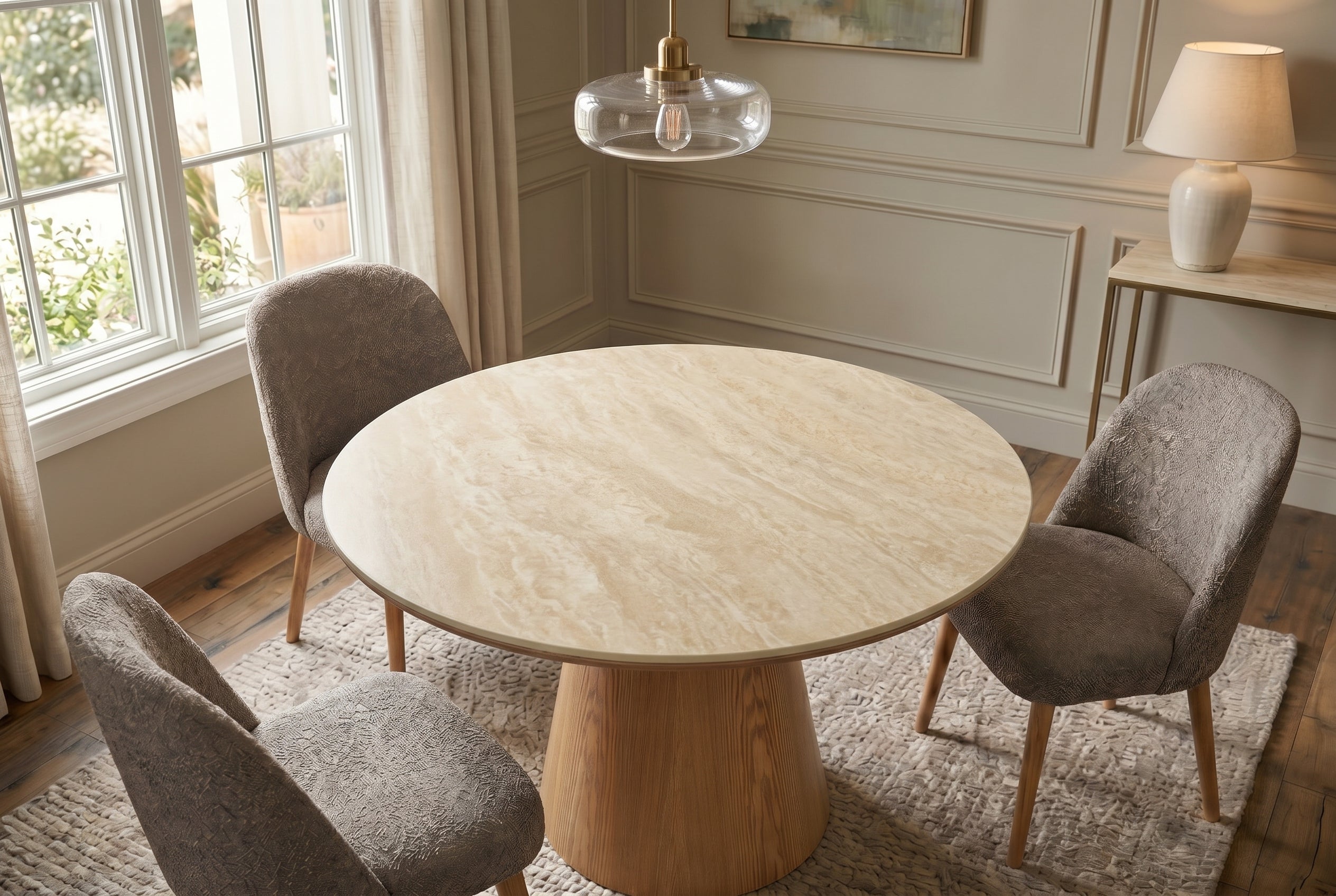 Table à manger ronde UNIQUE 120cm chêne marron clair naturel piètement colonne en céramique travertin