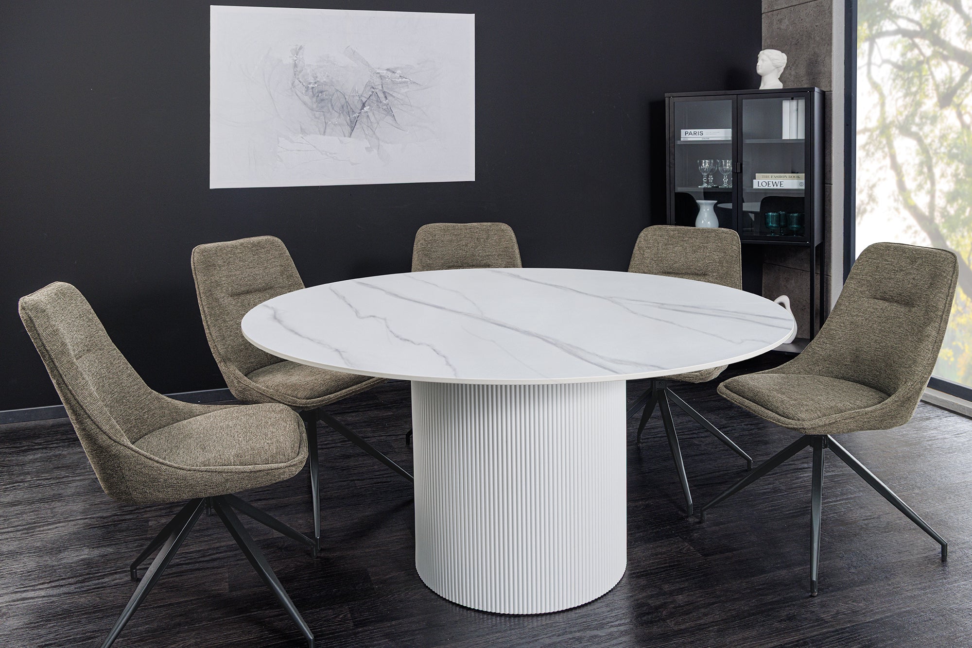 Mesa de comedor de cerámica blanca redonda de 120 cm con base de columna UNIQUE