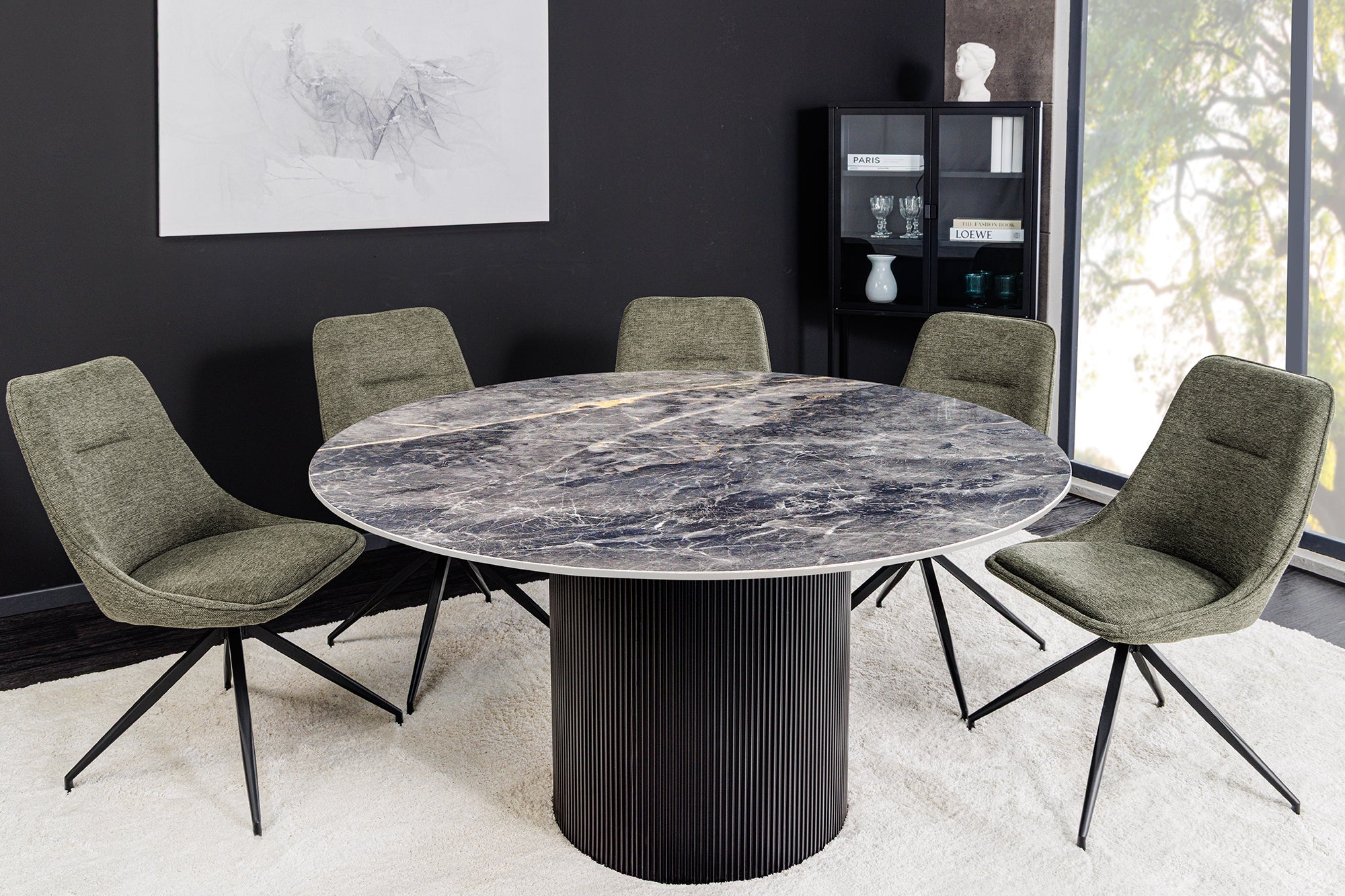 Mesa de comedor redonda UNIQUE de 120 cm en cerámica negra con base de columna