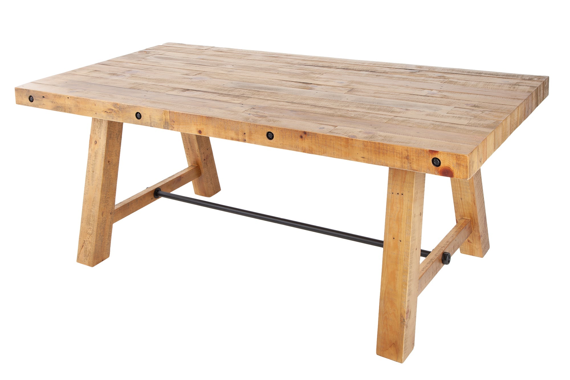 FINCA Mesa de comedor maciza marrón vintage de 200 cm en pino recuperado, diseño industrial
