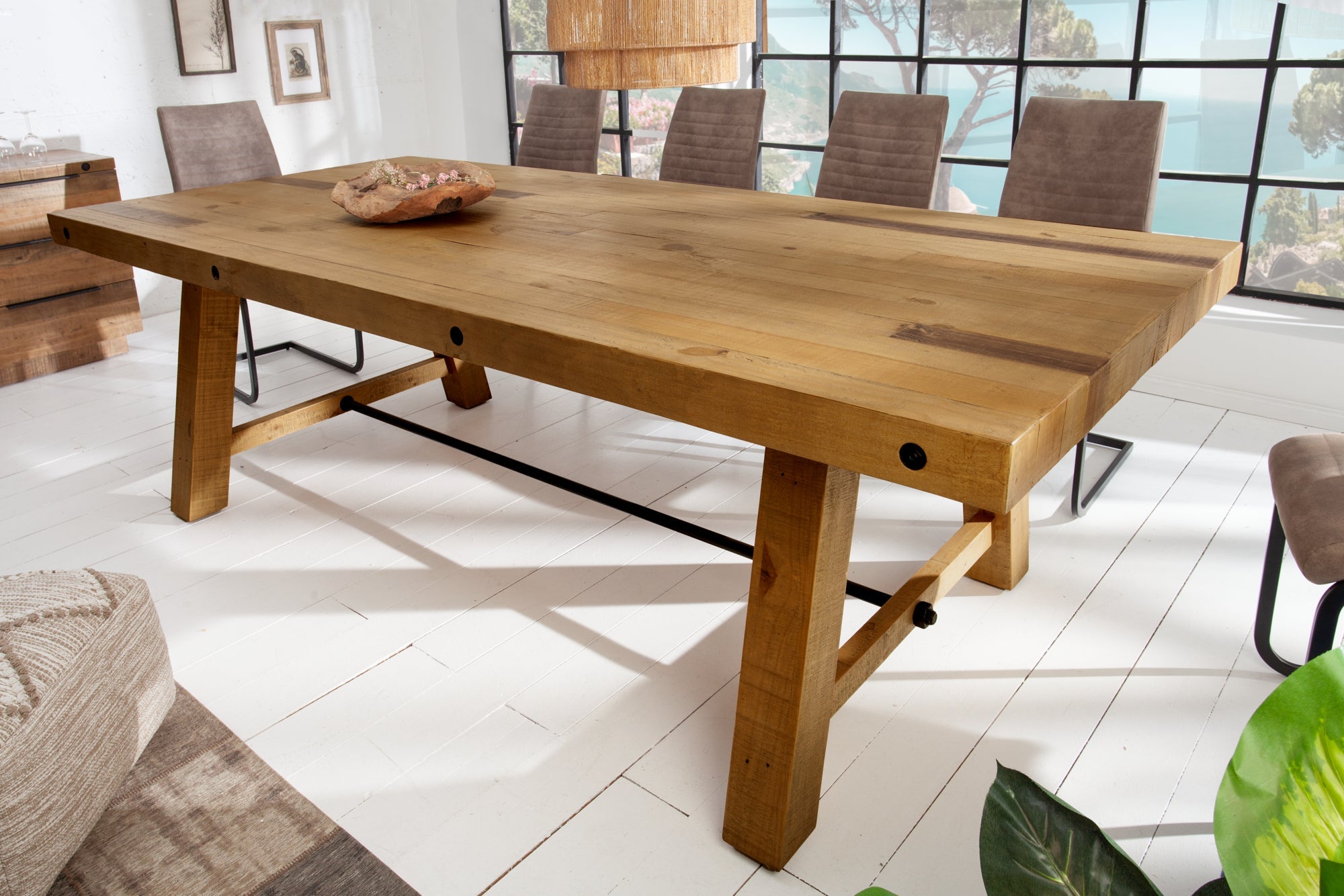 FINCA Mesa de comedor maciza marrón vintage de 240 cm en pino recuperado, diseño industrial