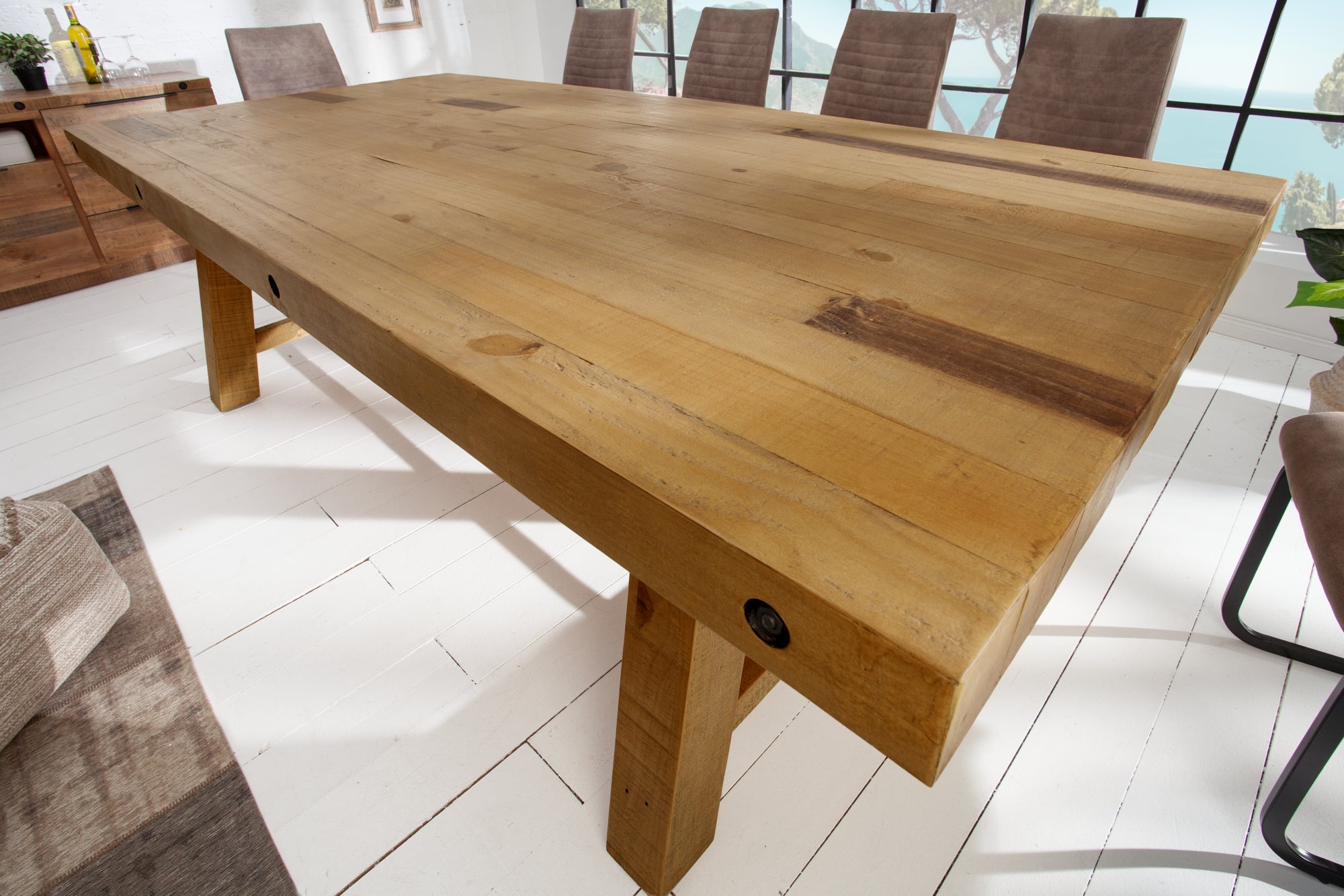 FINCA Mesa de comedor maciza marrón vintage de 240 cm en pino recuperado, diseño industrial