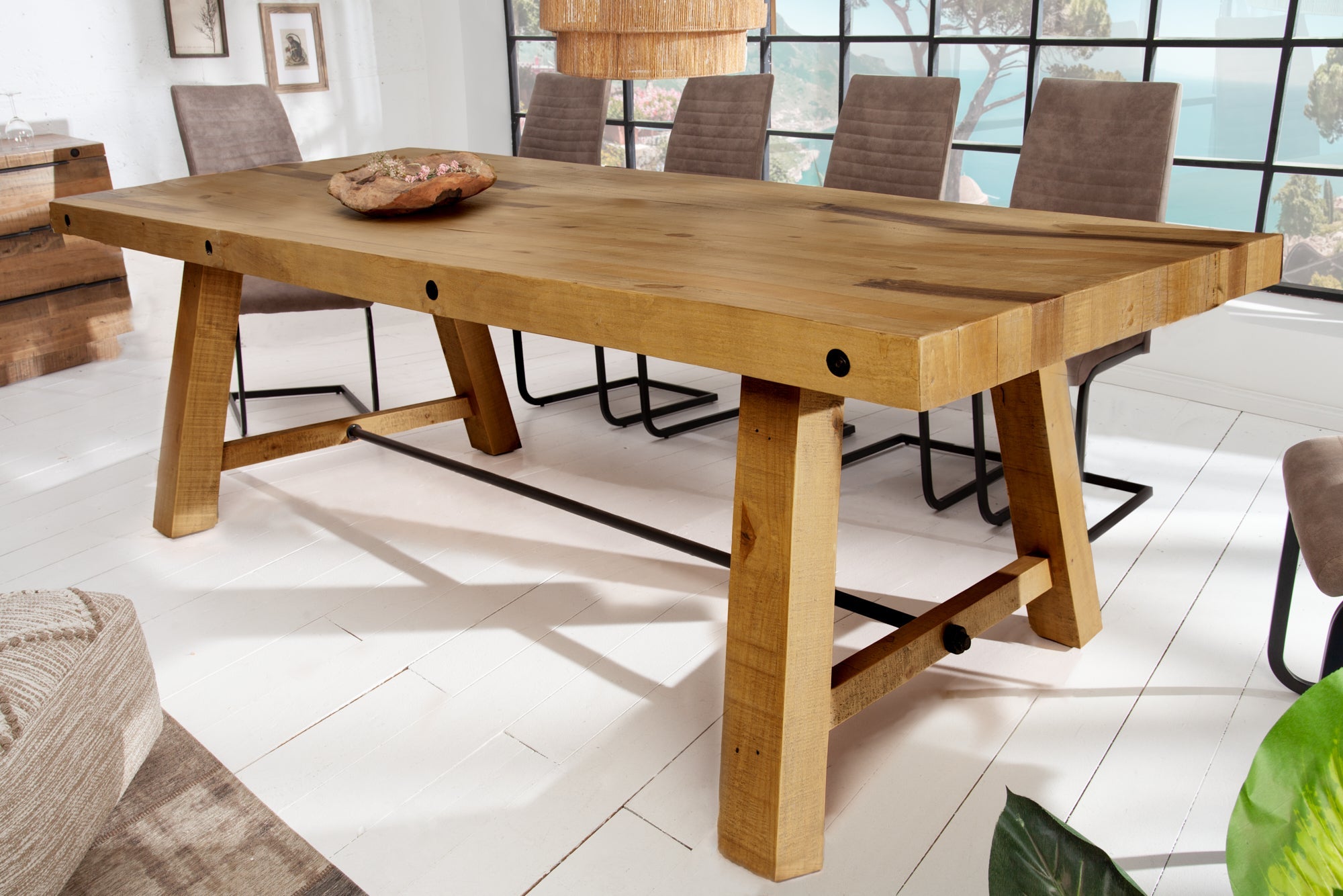 FINCA Mesa de comedor maciza marrón vintage de 240 cm en pino recuperado, diseño industrial