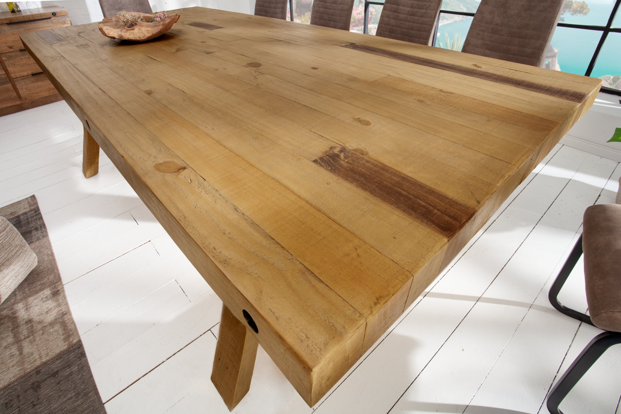 FINCA Mesa de comedor maciza marrón vintage de 240 cm en pino recuperado, diseño industrial