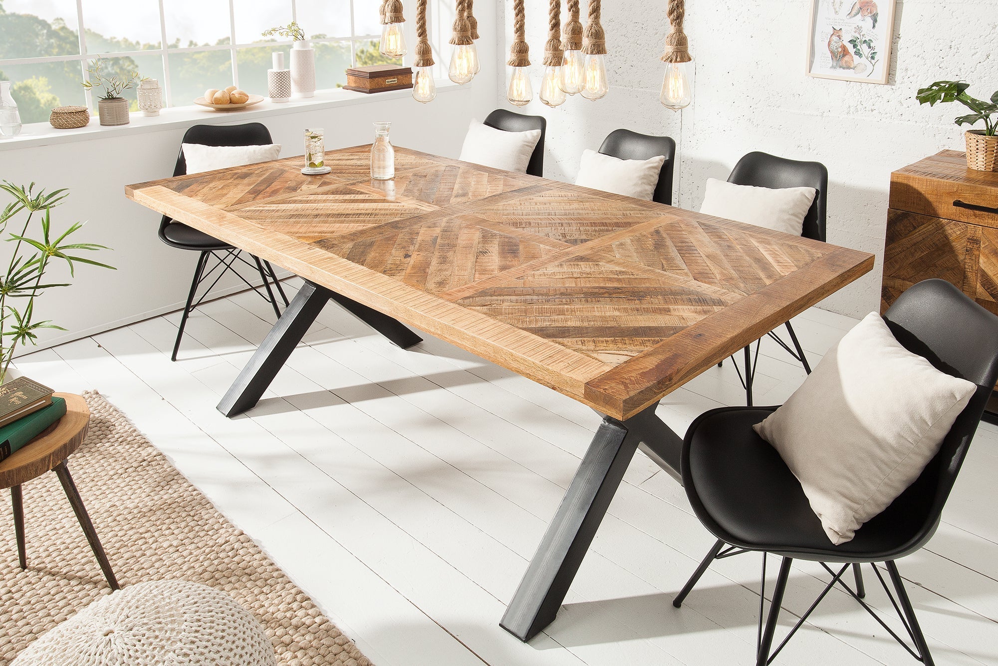 Table à manger solide INFINITY HOME 200cm bois de manguier noir naturel design industriel X-frame