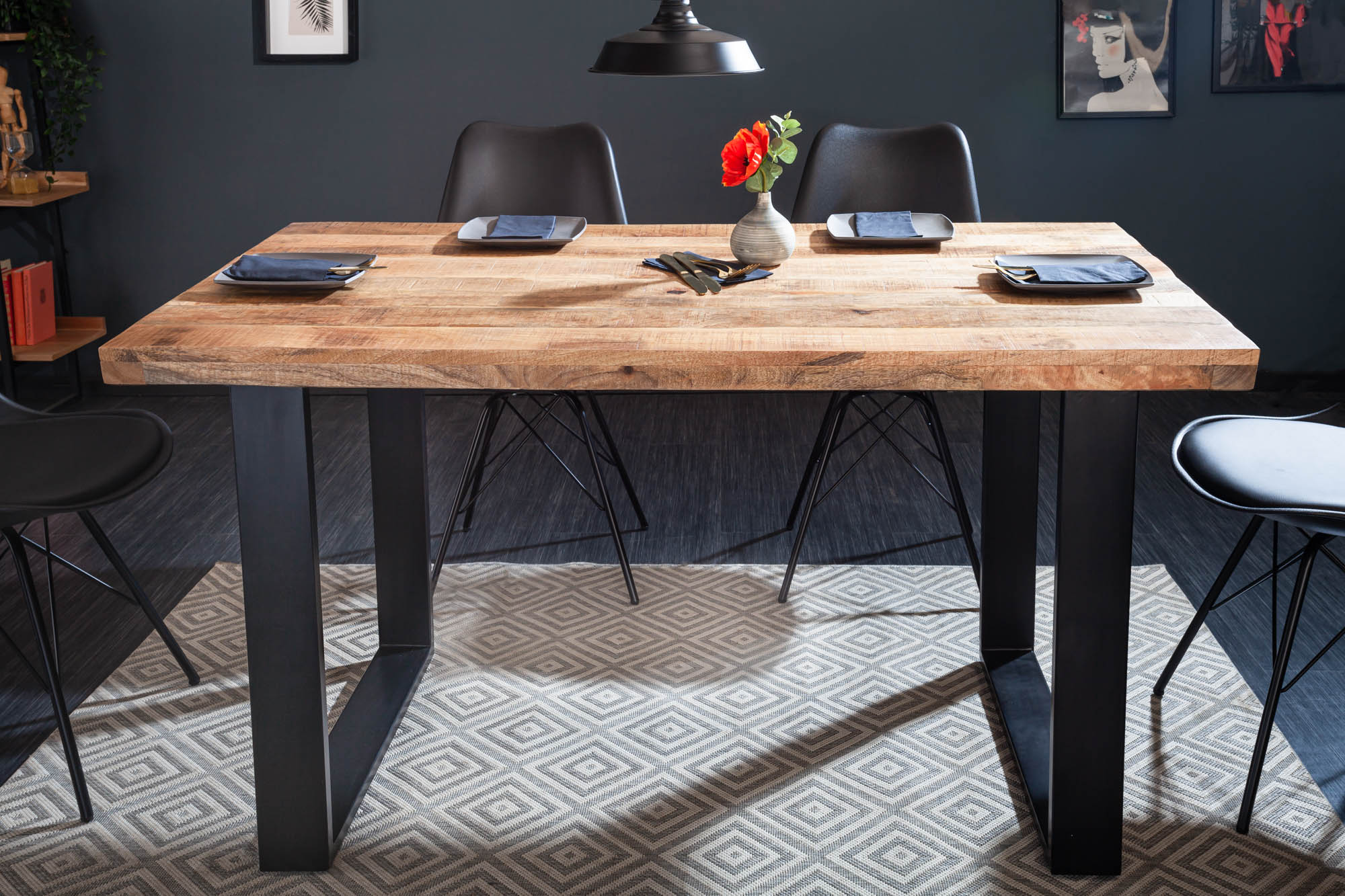 IRON CRAFT Mesa de comedor de 140 cm de madera maciza de mango, estructura de hierro negro, camino de mesa de diseño industrial