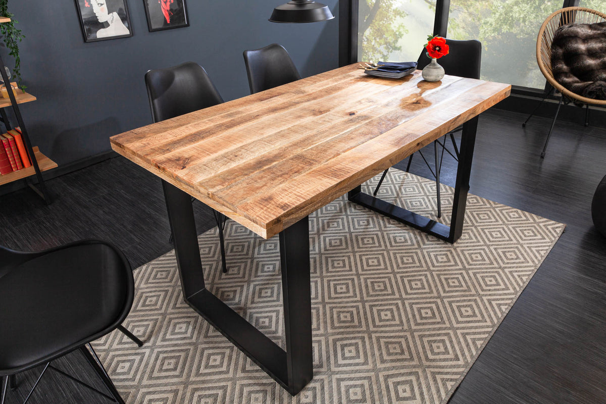 Table à manger solide IRON CRAFT 140cm bois de manguier structure fer noir patin design industriel