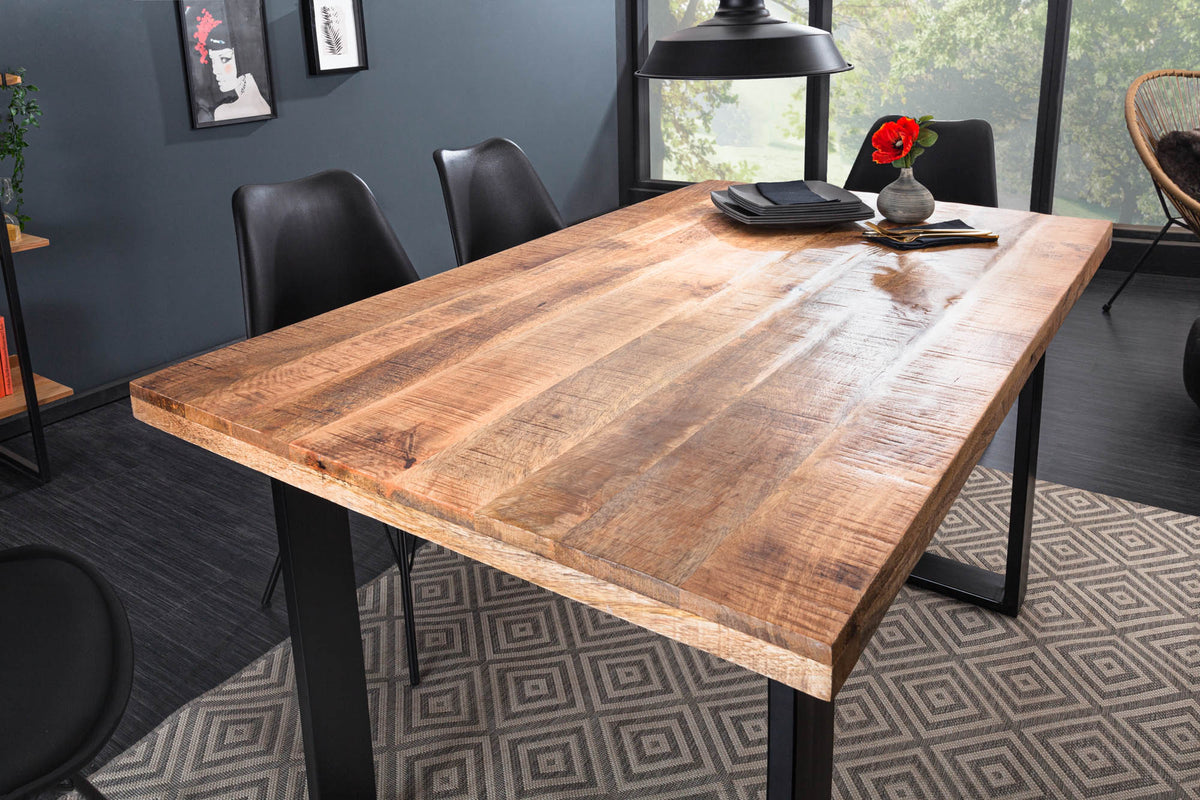 Table à manger solide IRON CRAFT 140cm bois de manguier structure fer noir patin design industriel