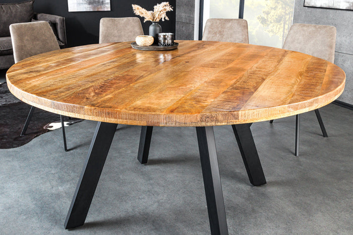 Table à manger solide IRON CRAFT 140cm ronde en manguier naturel métal design industriel