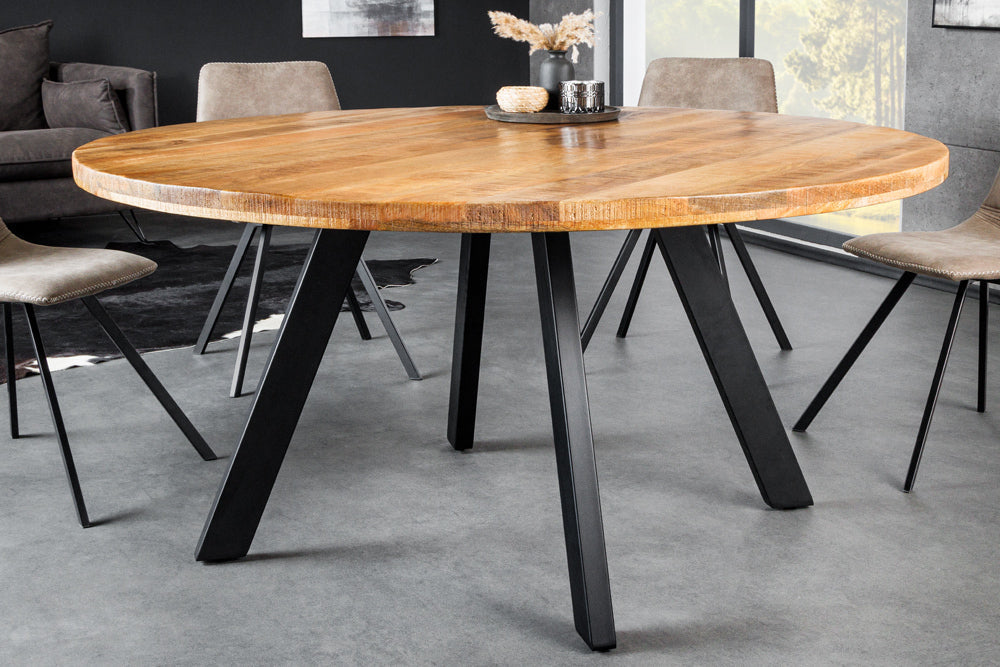 Table à manger solide IRON CRAFT 140cm ronde en manguier naturel métal design industriel