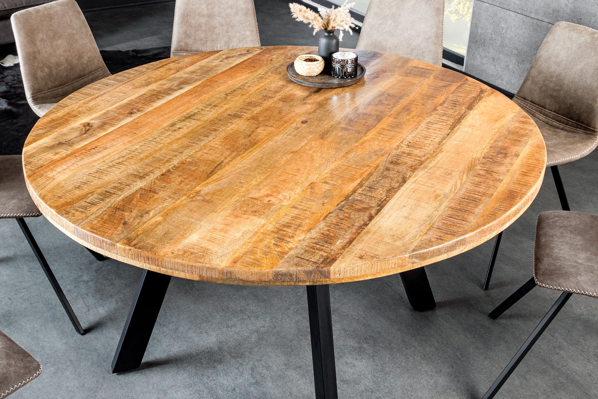 Mesa de comedor maciza IRON CRAFT 145cm redonda madera de mango natural metal diseño industrial