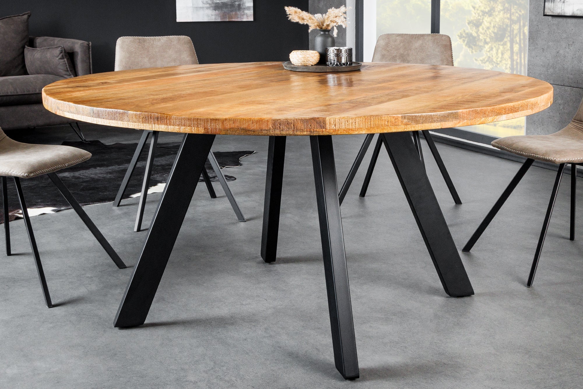 Mesa de comedor maciza IRON CRAFT 145cm redonda madera de mango natural metal diseño industrial