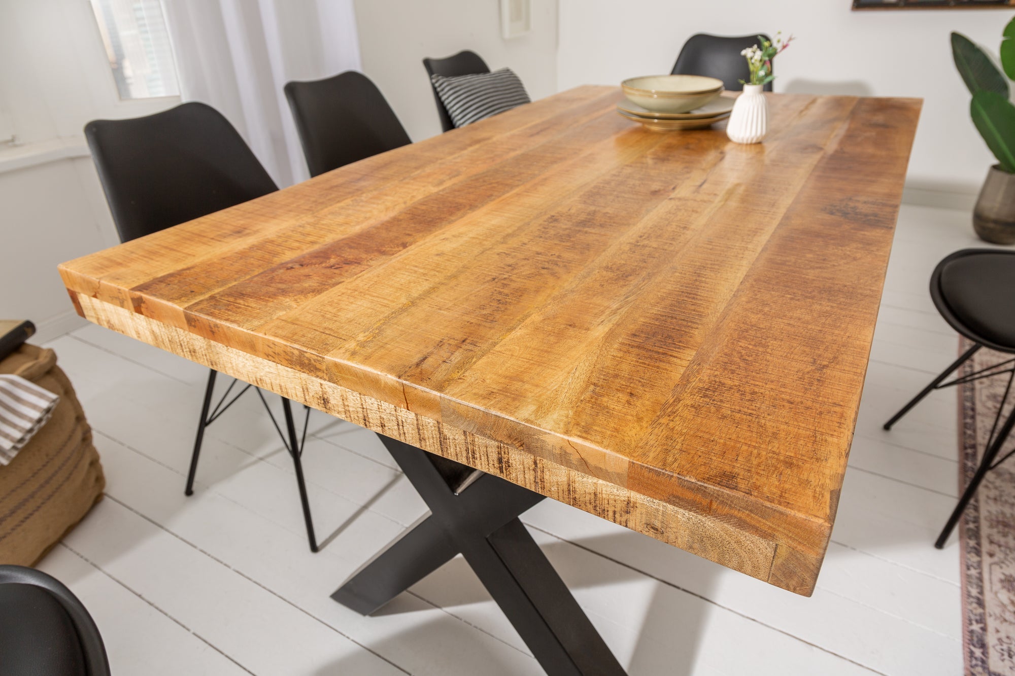 IRON CRAFT Mesa de comedor de 160 cm de madera maciza de mango en metal negro de diseño industrial