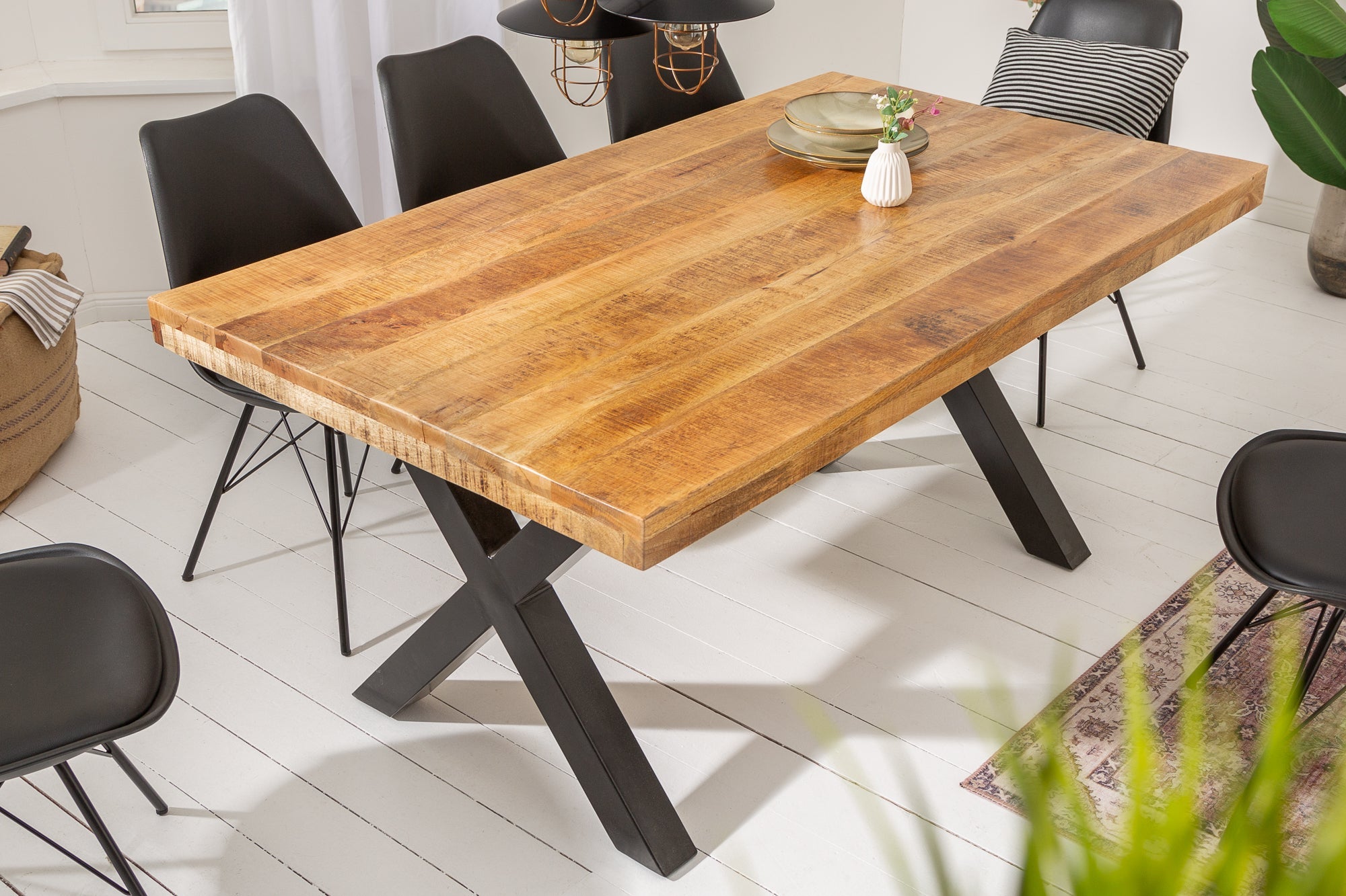 IRON CRAFT Mesa de comedor de 160 cm de madera maciza de mango en metal negro de diseño industrial