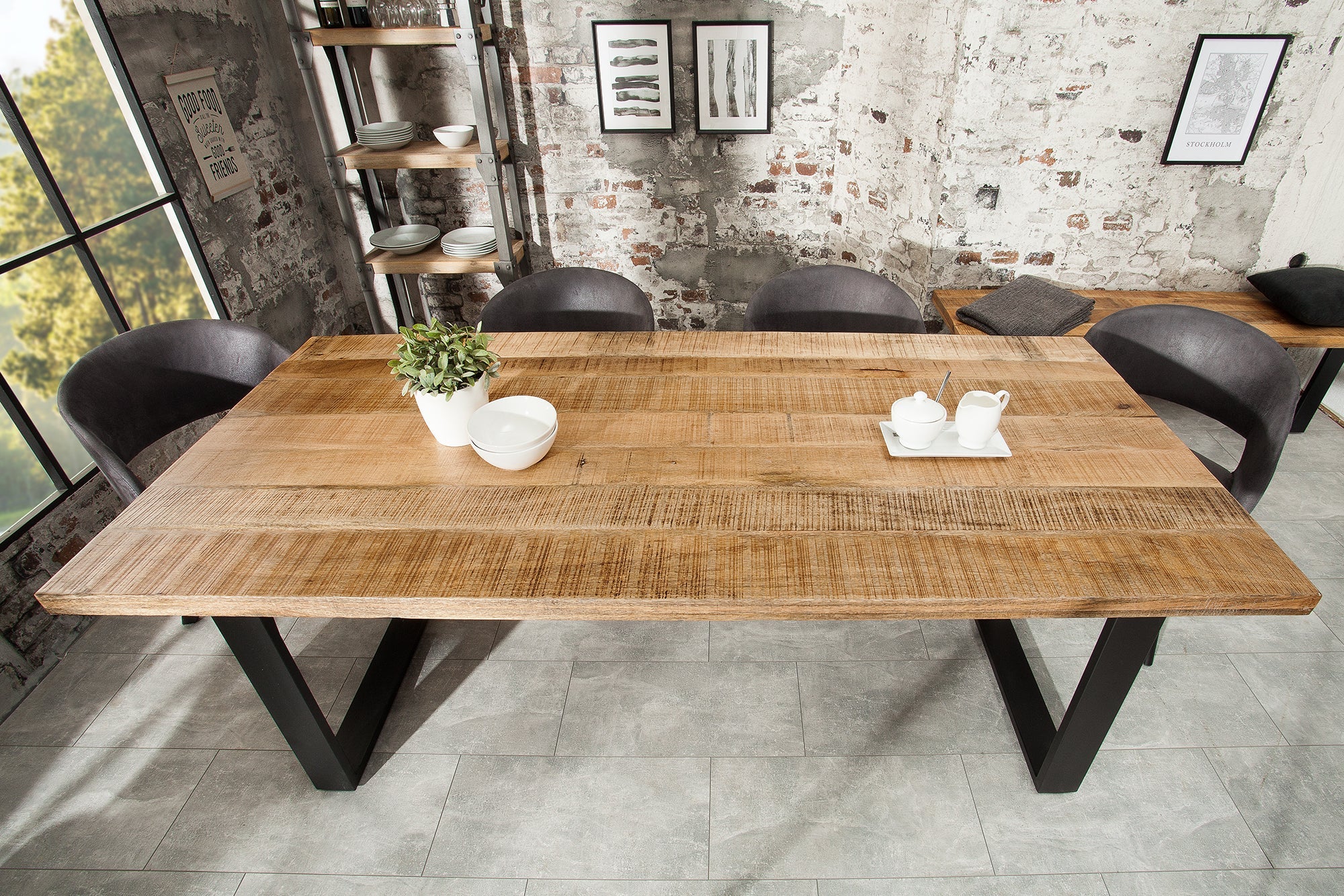 IRON CRAFT Mesa de comedor maciza de 200 cm en madera de mango natural, estructura voladiza de hierro, diseño industrial