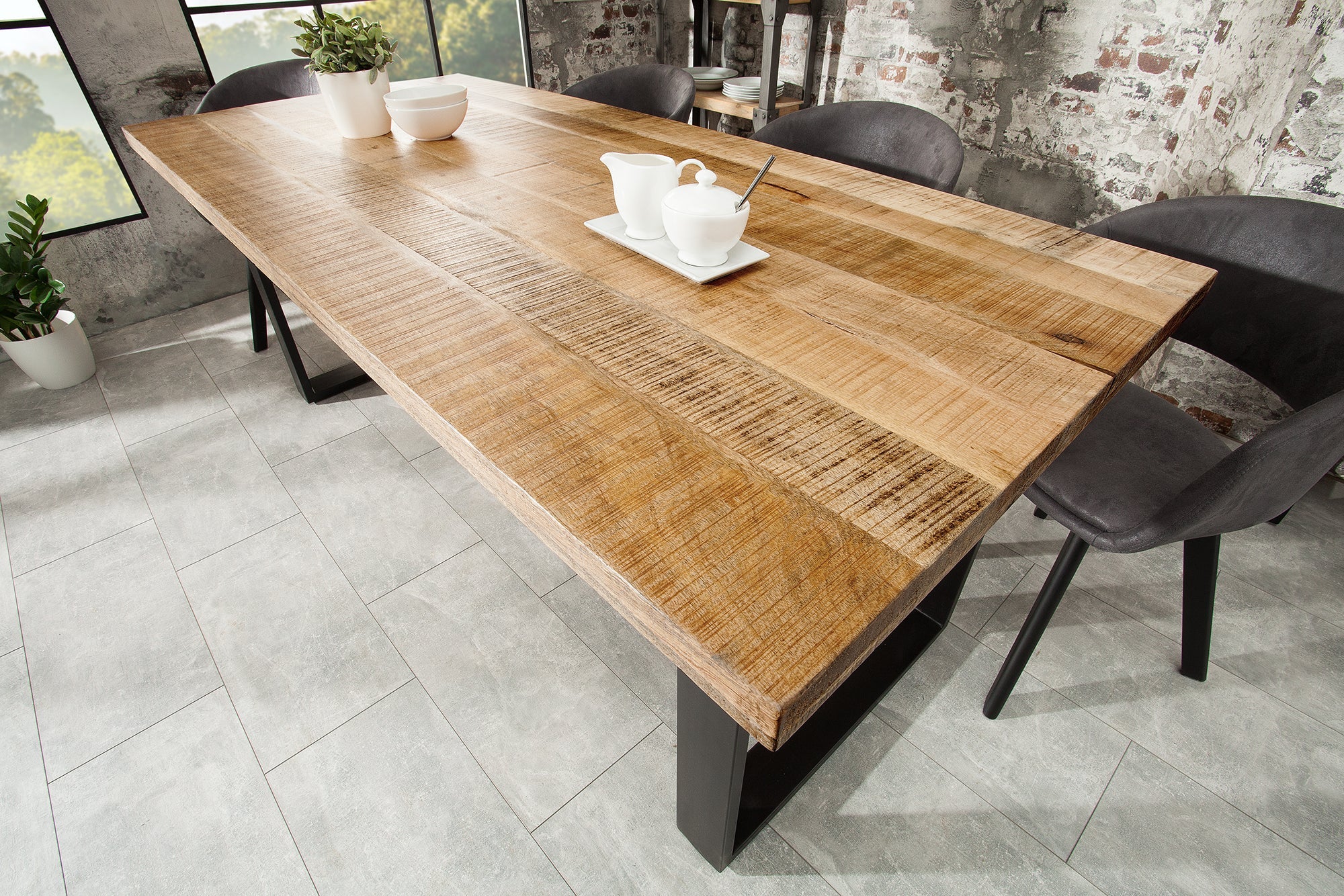 IRON CRAFT Mesa de comedor maciza de 200 cm en madera de mango natural, estructura voladiza de hierro, diseño industrial