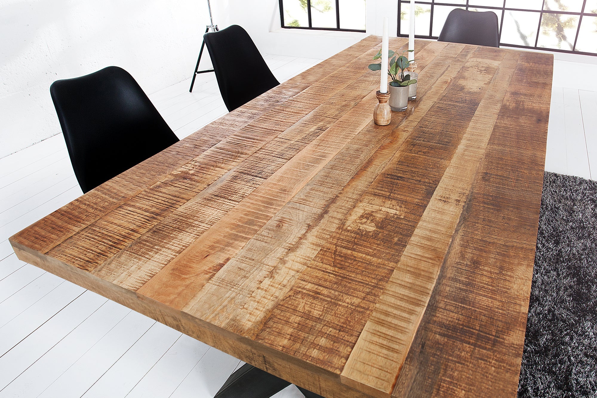 IRON CRAFT Mesa de comedor maciza de 200 cm en madera de mango natural, diseño industrial, estructura de metal negro X