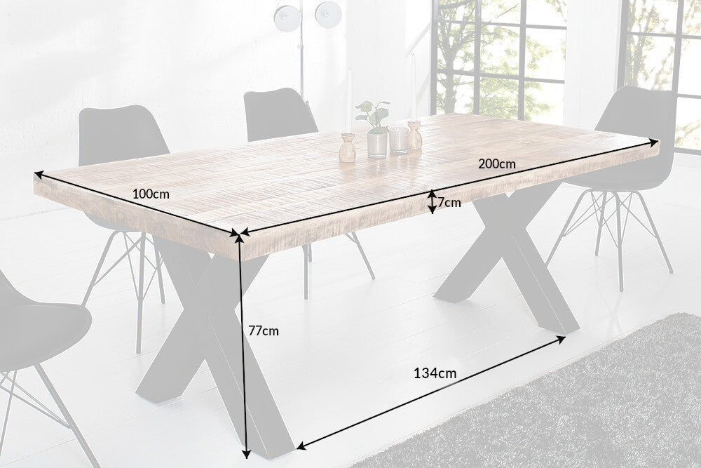 IRON CRAFT Mesa de comedor maciza de 200 cm en madera de mango natural, diseño industrial, estructura de metal negro X