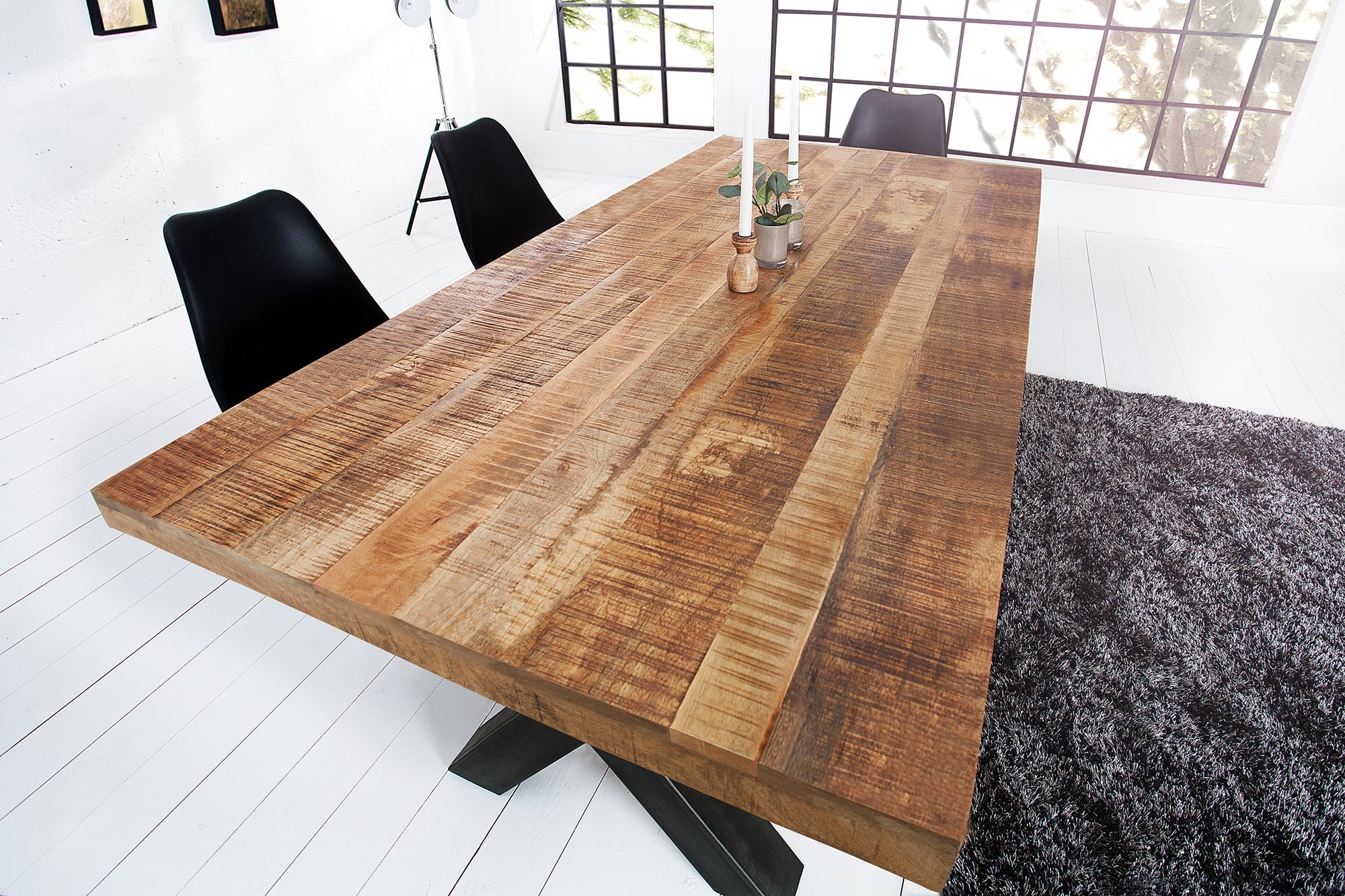 IRON CRAFT Mesa de comedor maciza de 200 cm en madera de mango natural, diseño industrial, estructura de metal negro X