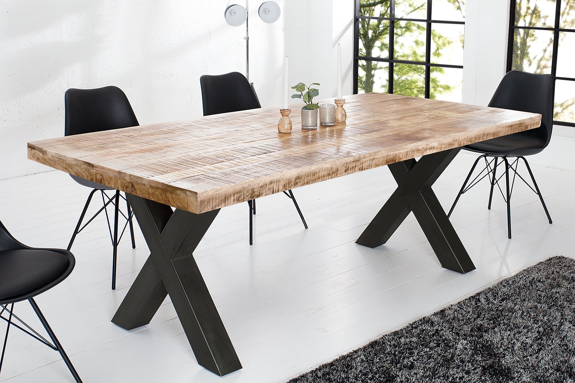 IRON CRAFT Mesa de comedor maciza de 200 cm en madera de mango natural, diseño industrial, estructura de metal negro X