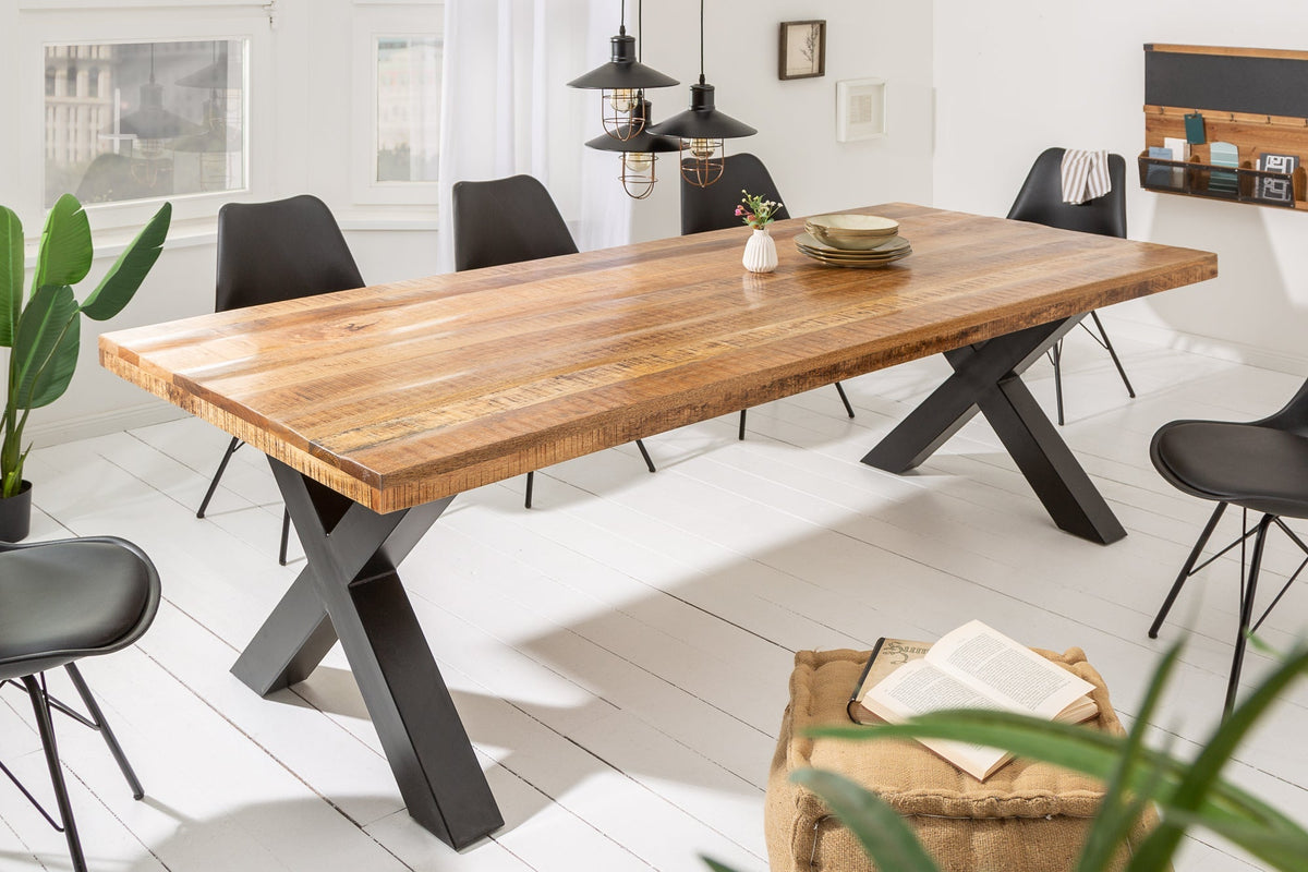 Table à manger solide IRON CRAFT 240cm bois de manguier naturel design industriel structure en X métal noir