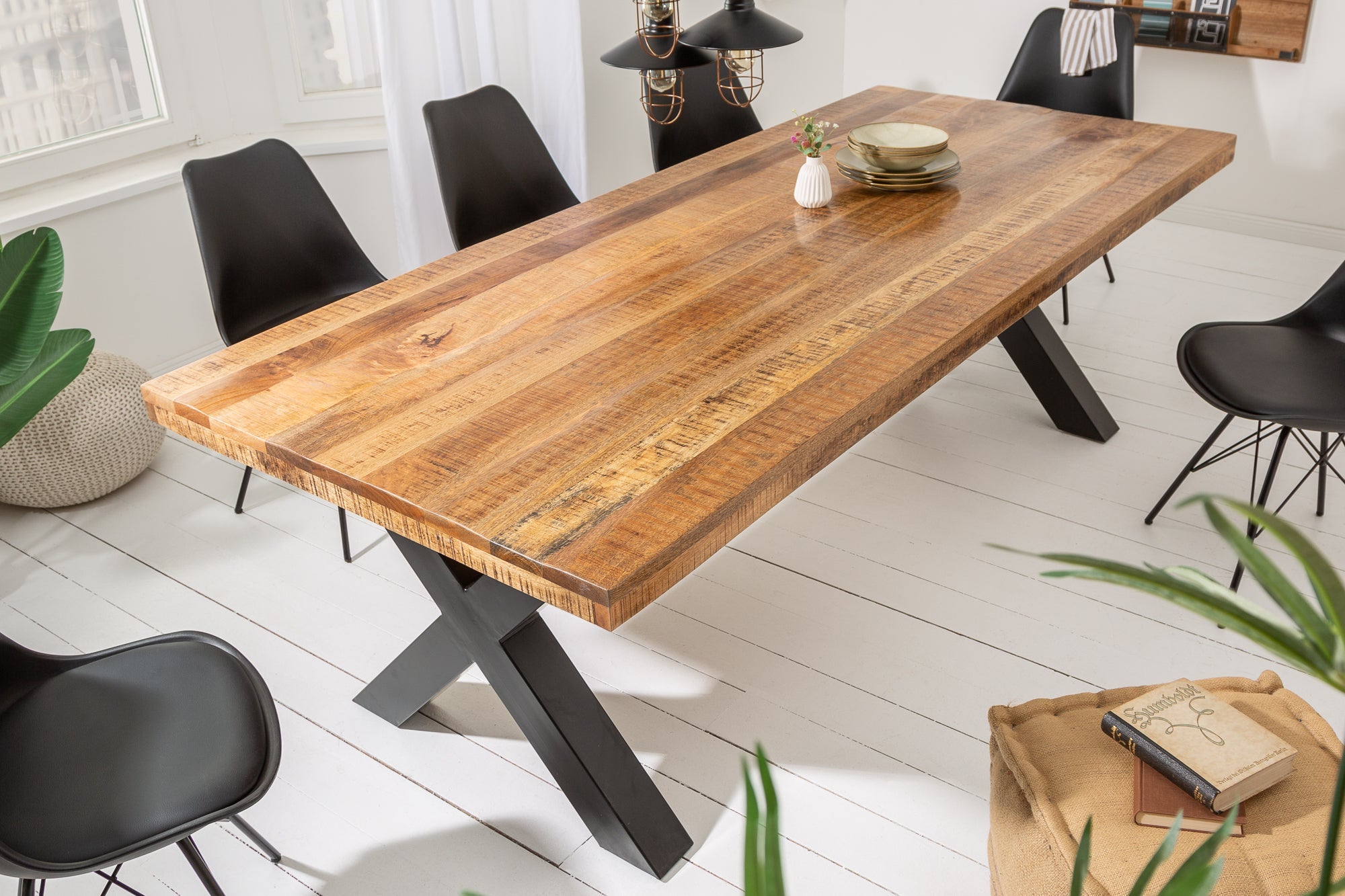 IRON CRAFT Mesa de comedor maciza de 240 cm en madera de mango natural, diseño industrial, estructura de metal negro X