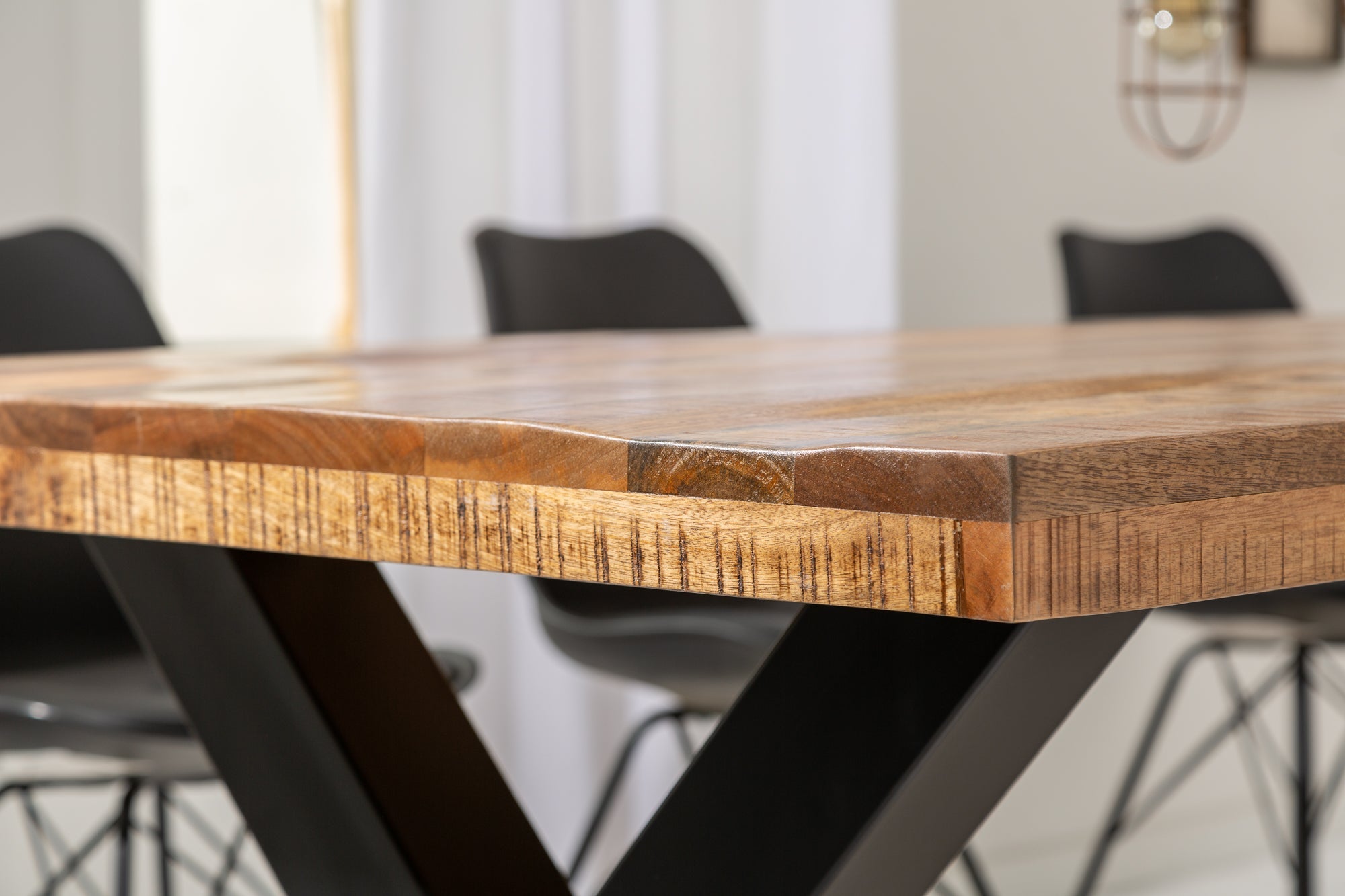 IRON CRAFT Mesa de comedor maciza de 240 cm en madera de mango natural, diseño industrial, estructura de metal negro X