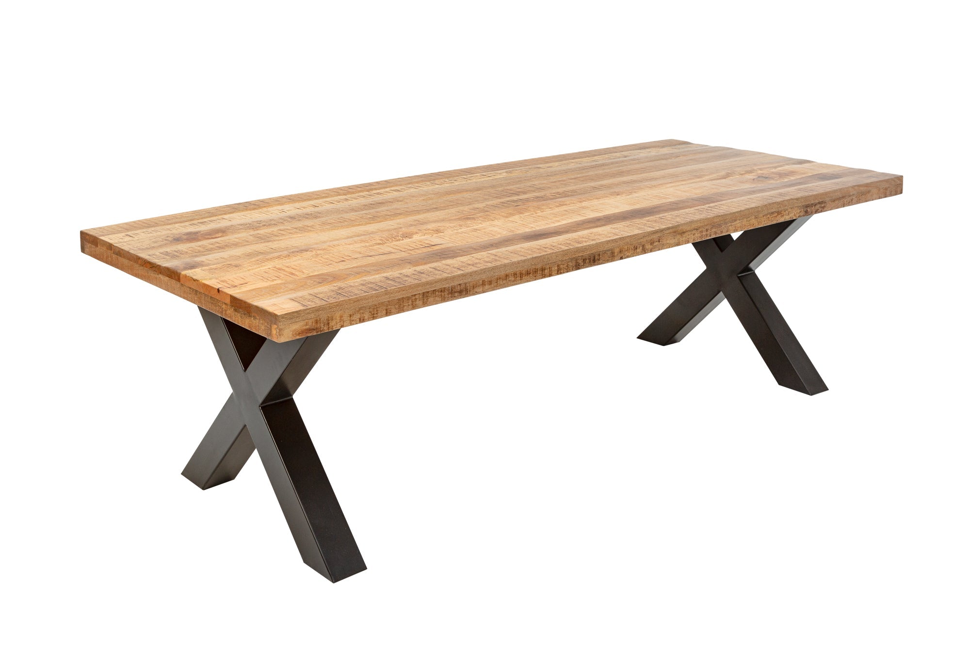 IRON CRAFT Mesa de comedor maciza de 240 cm en madera de mango natural, diseño industrial, estructura de metal negro X