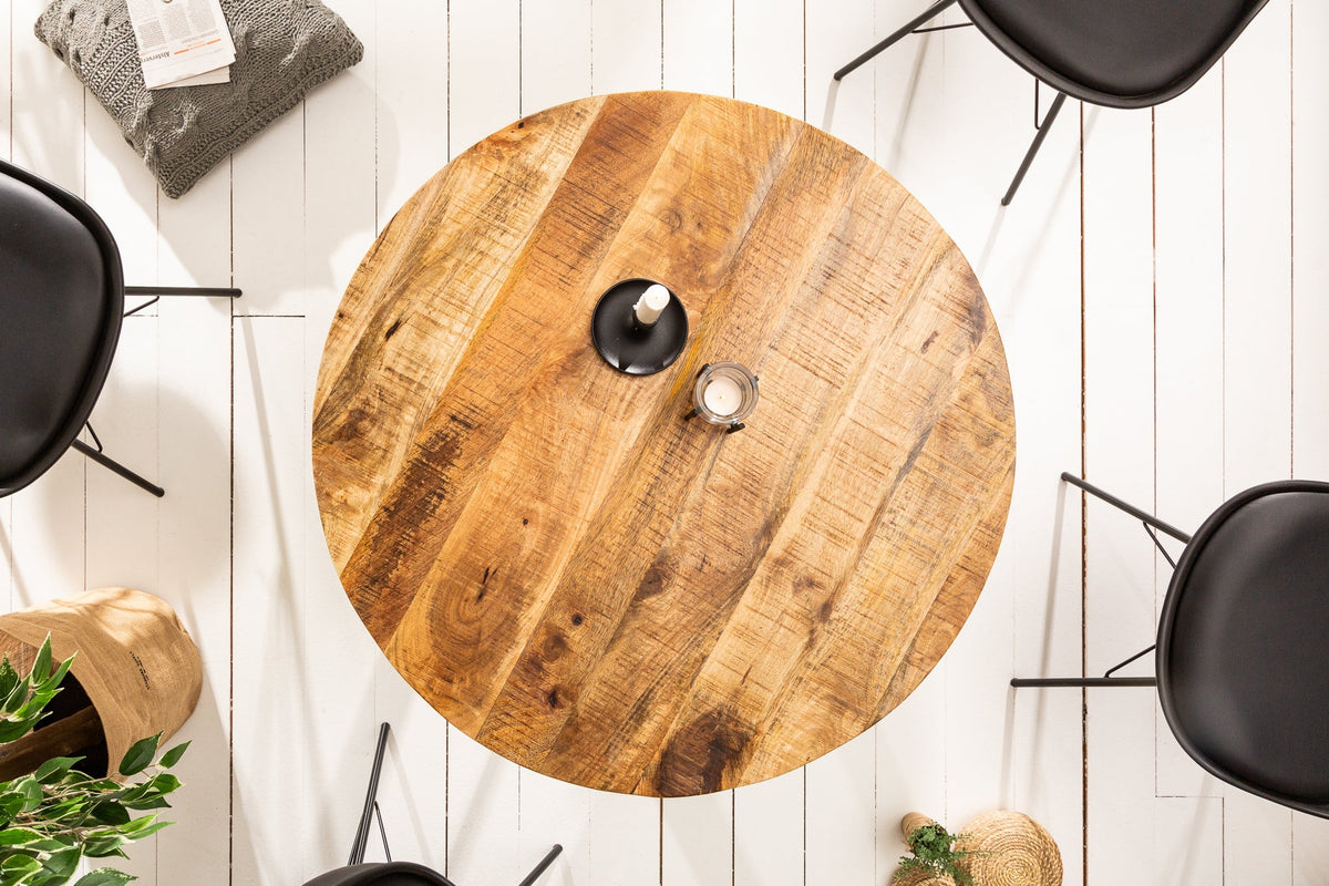 Table à manger solide IRON CRAFT 80cm ronde en bois de manguier naturel
