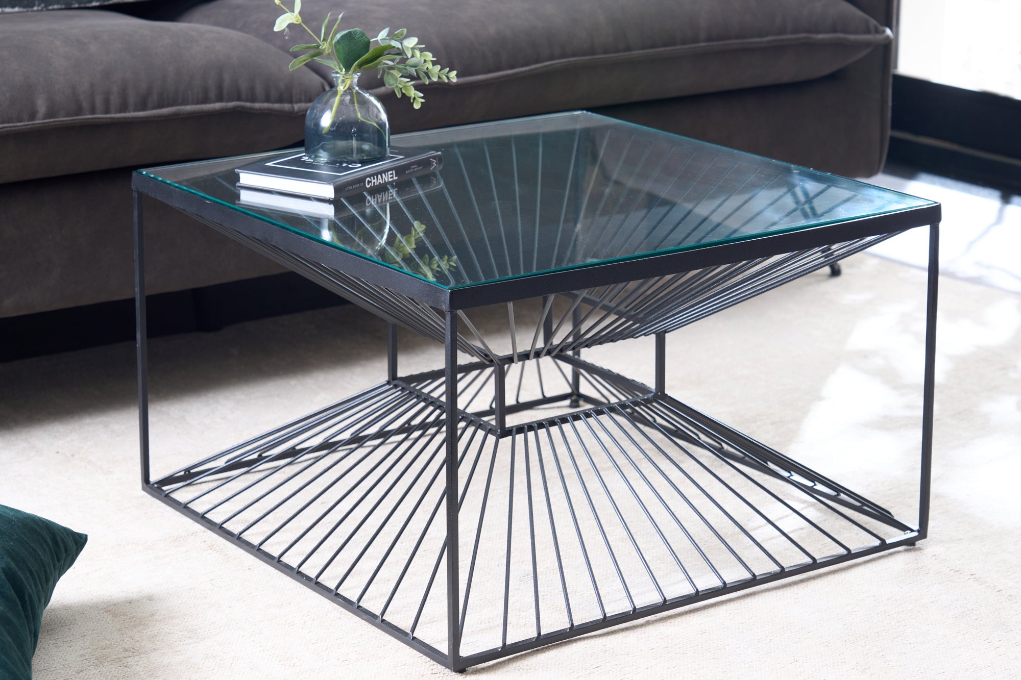 ILLUSION mesa de centro abstracta 60cm metal negro cristal hecho a mano diseño moderno