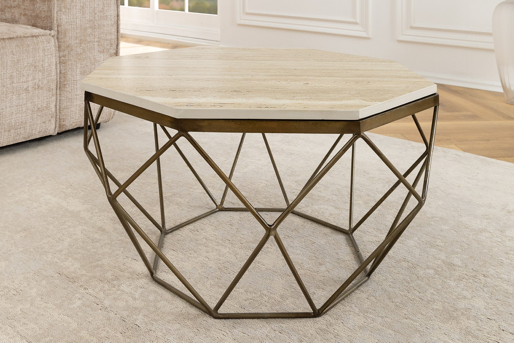 Mesa de centro artesanal DIAMOND 70cm beige travertino latón hierro