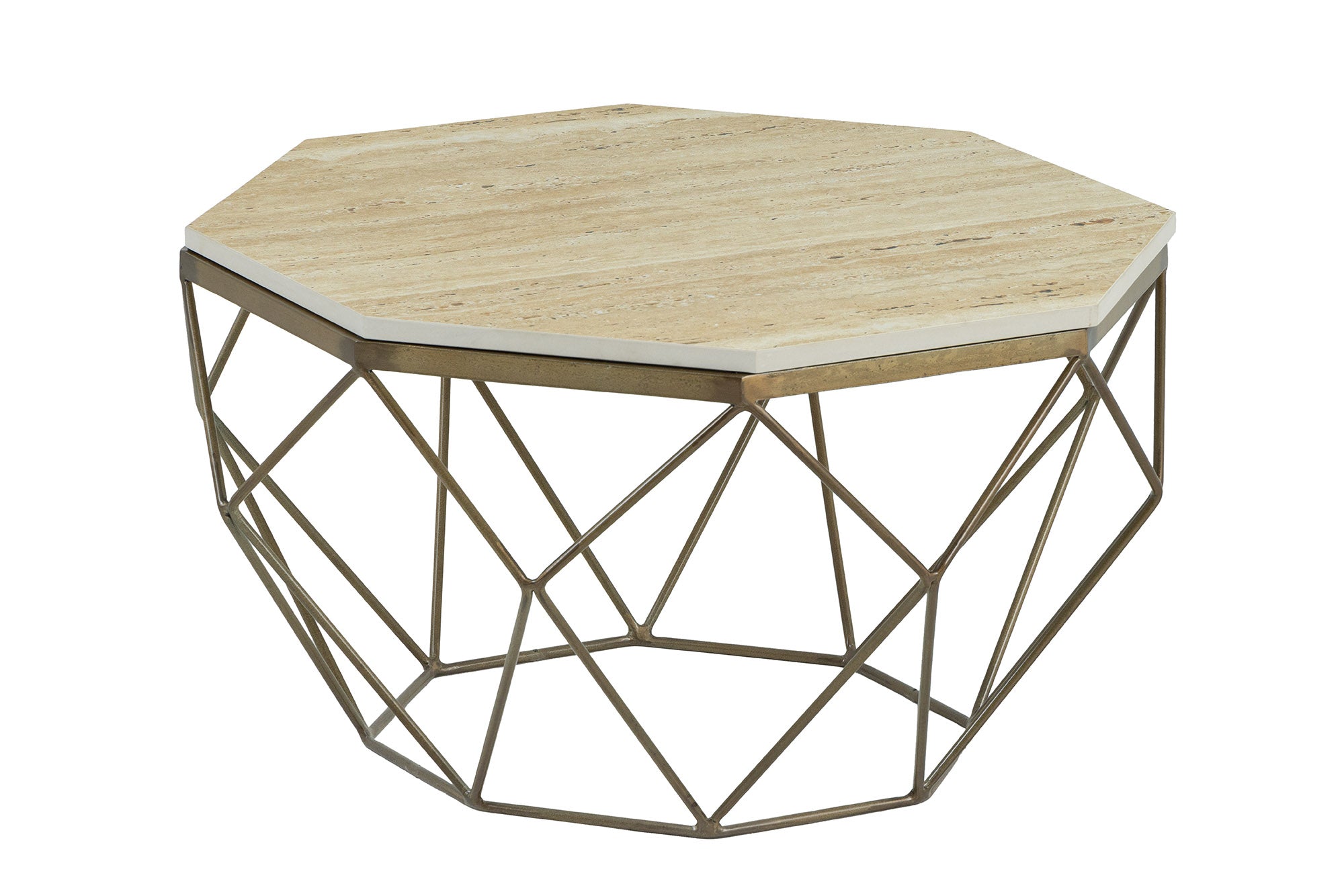Mesa de centro artesanal DIAMOND 70cm beige travertino latón hierro