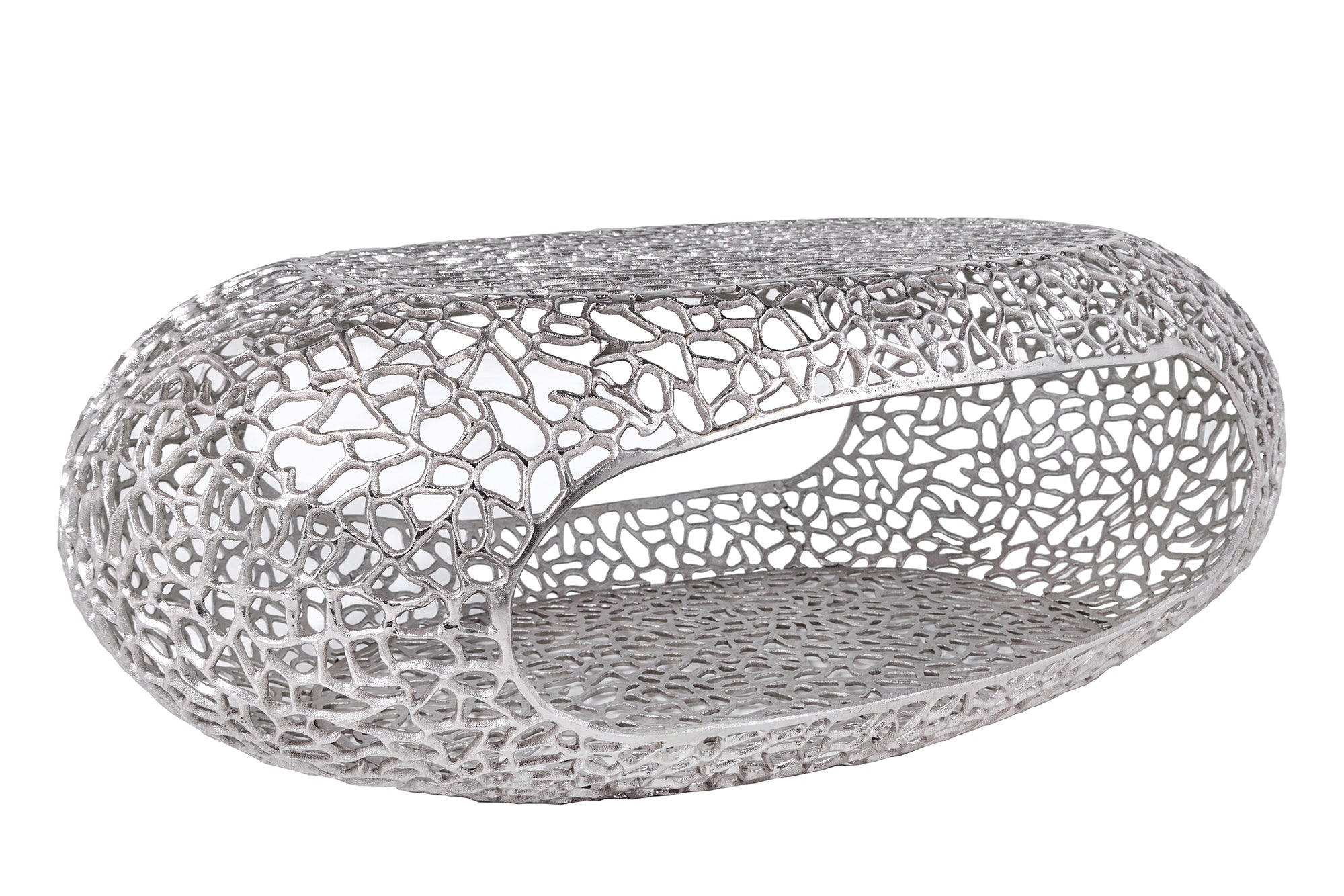 ORGANIC Mesa de centro artesanal de 120 cm con diseño de hoja de metal plateado y espacio de almacenamiento