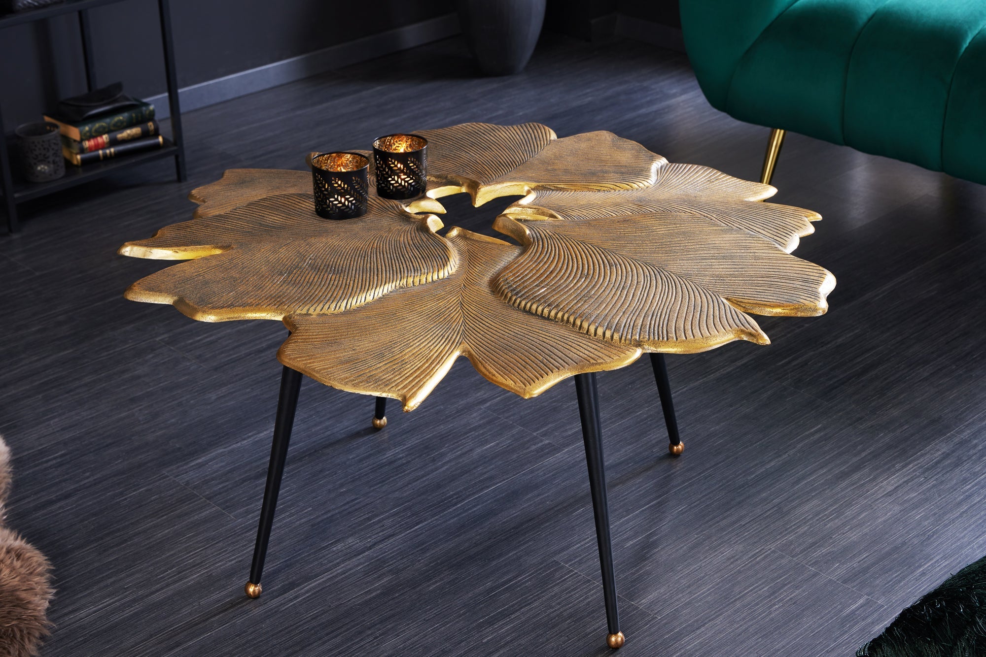 GINKGO mesa de centro decorativa 95cm metal dorado negro hecho a mano