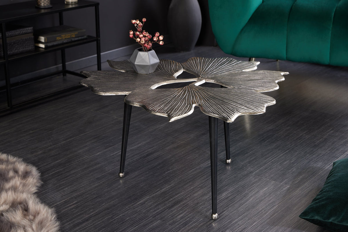 Table basse décorative GINKGO LEAFS 75cm métal argenté fait main