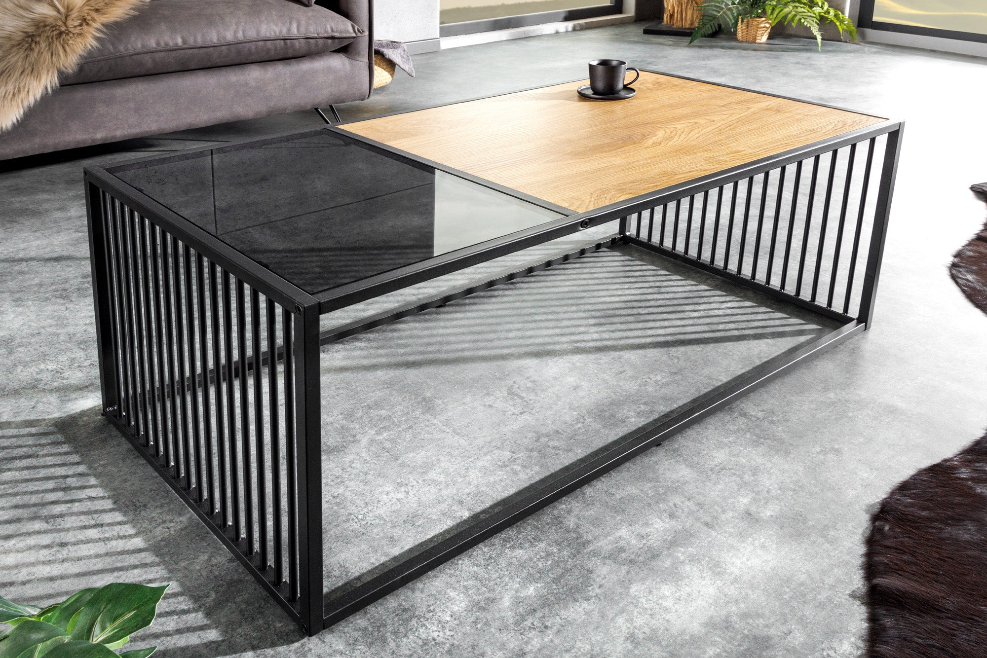 ARQUITECTURA mesa de centro de diseño 100cm roble silvestre negro cristal ahumado metal madera