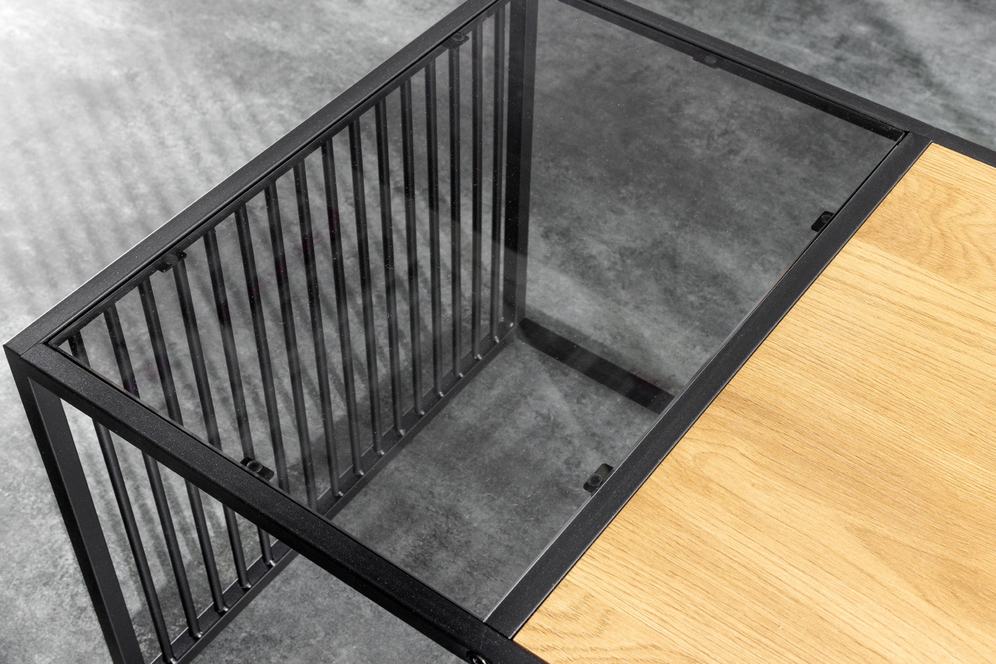ARQUITECTURA mesa de centro de diseño 100cm roble silvestre negro cristal ahumado metal madera