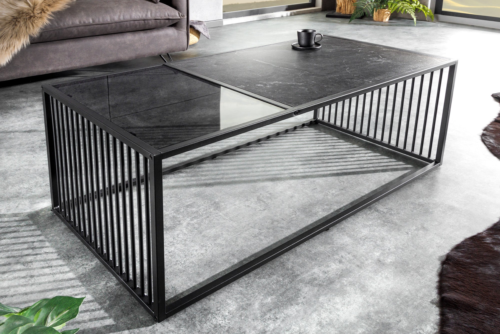 Table basse design ARCHITECTURE 100cm graphite verre fumé métal