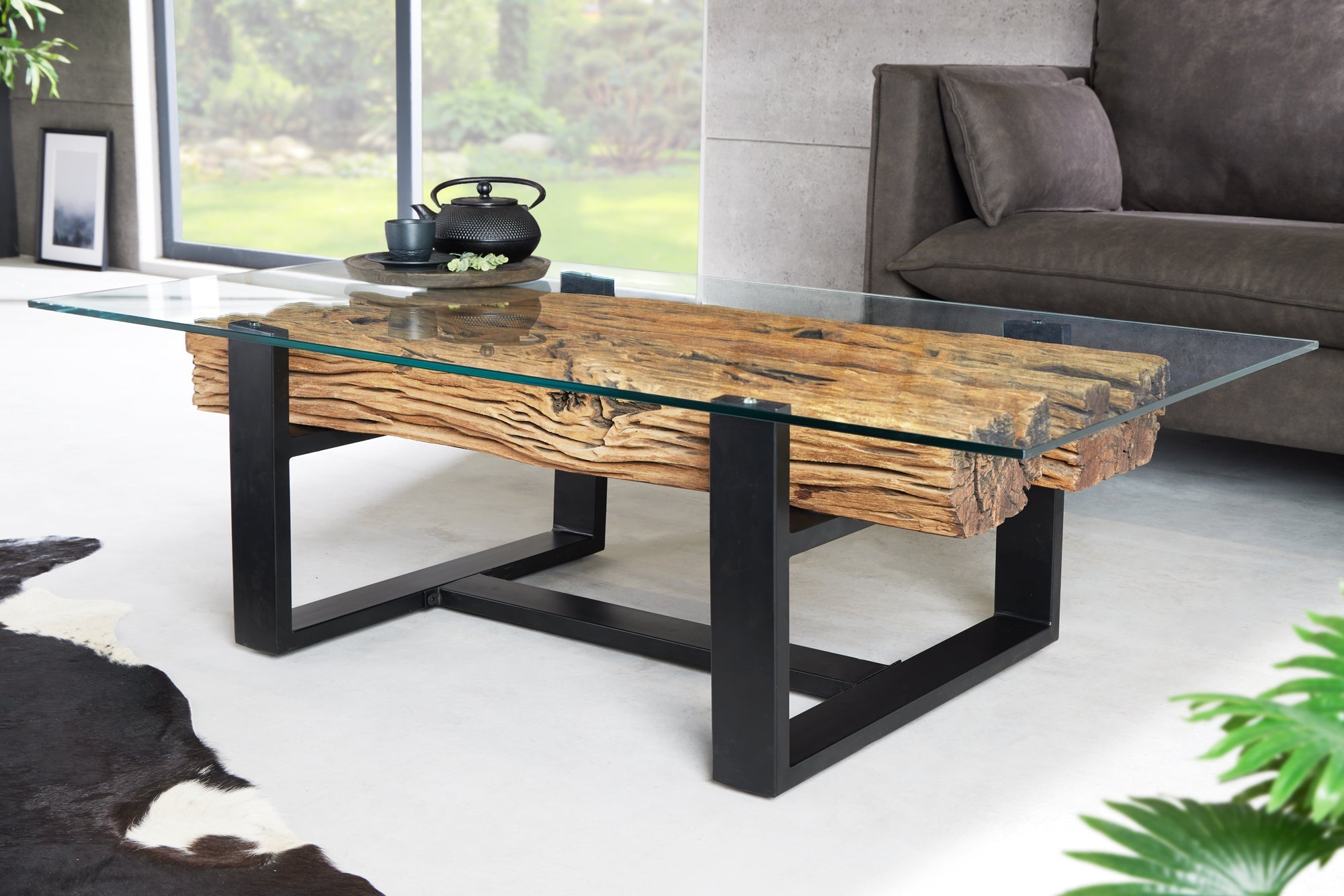 Mesa de centro de diseño BARRACUDA 130cm madera de teca recuperada tapa de cristal acero inoxidable negro industrial