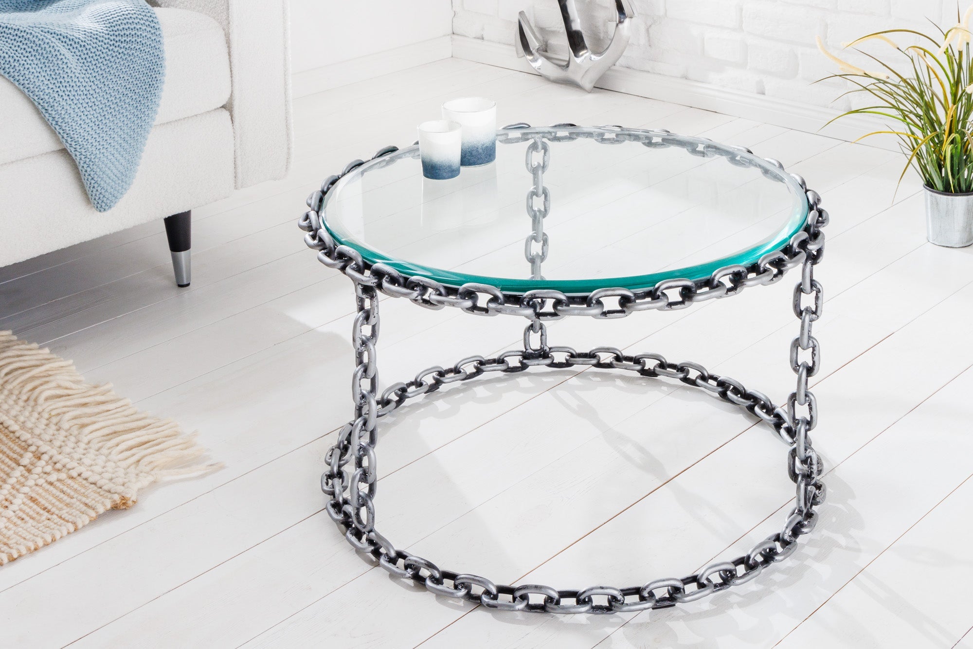 CHAINS mesa de centro de diseño 65cm en metal plateado hecho a mano, tapa redonda de cristal, marco de cadena